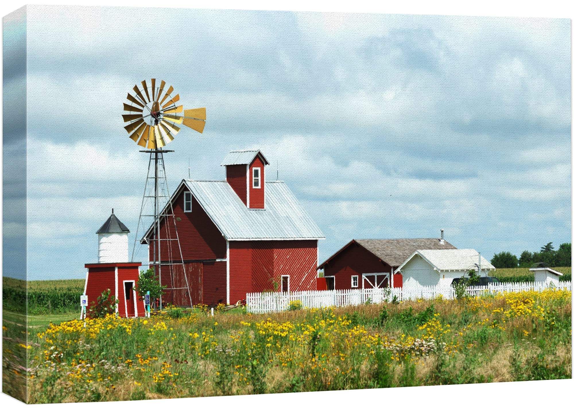 Canvas Prints Wall Art - Beautiful Scenery Of Windmill, Barn, Sheds And Fence On A Cloudy Day | Modern Wall Decor/Home Art Stret