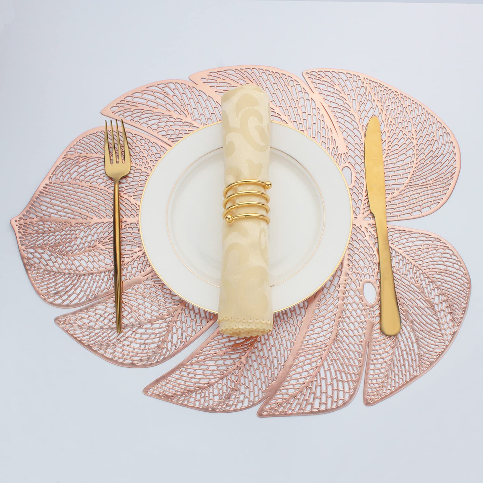 Evevda Rose Gold Leaf Shaped Vinyl Placemats For Dinner Table Set Of 6 Metallic Plastic Place Mats Wipeable 6Pcs Table Mats For