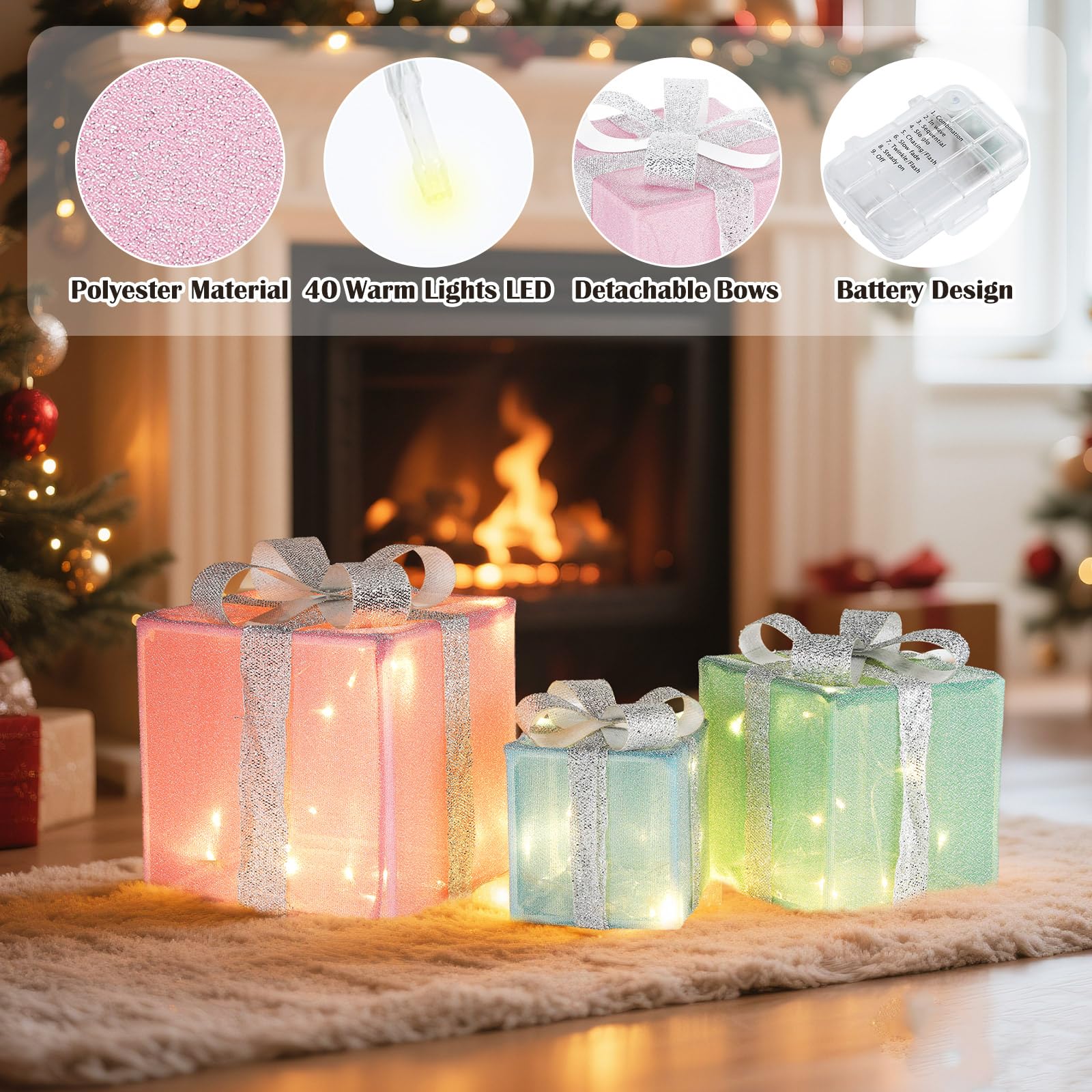 Threehoney 3 Pcs Pastel Christmas Lighted Gift Boxes Decoration Light up Present Christmas Packages with 8 Lighting Modes Candy