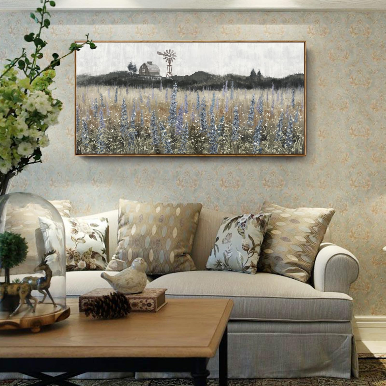 Framed Canvas Wall Art For Living Room Rustic Farmhouse Scenery Vintage Countryside Windmill Barn Picture Nature Wilderness Land