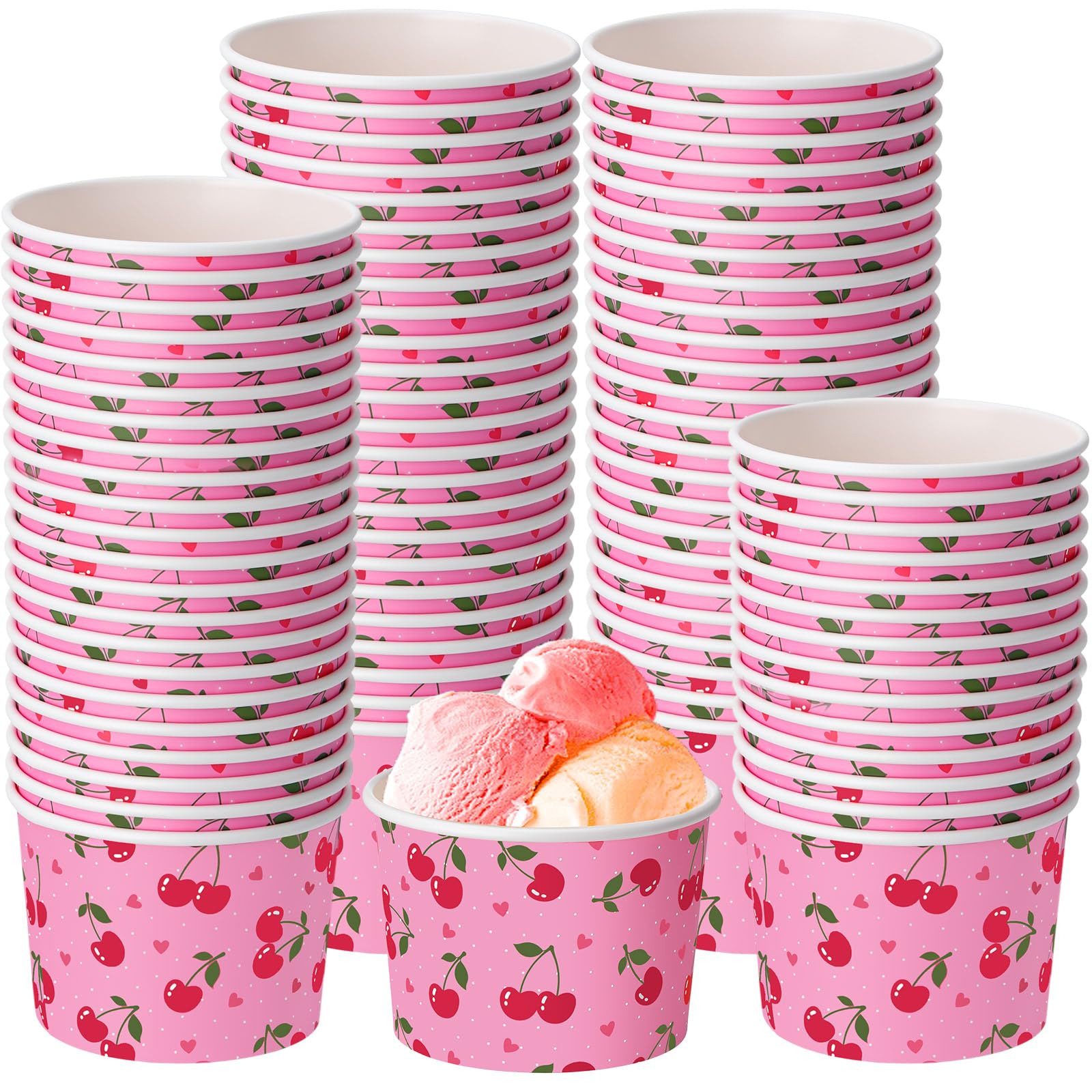 Funnymoom 50 Pack Cherry Treat Snack Cups Red Cherry Heart Ice Cream Paper Cups 9 oz Fruit Disposable Dessert Bowls for Hot or C
