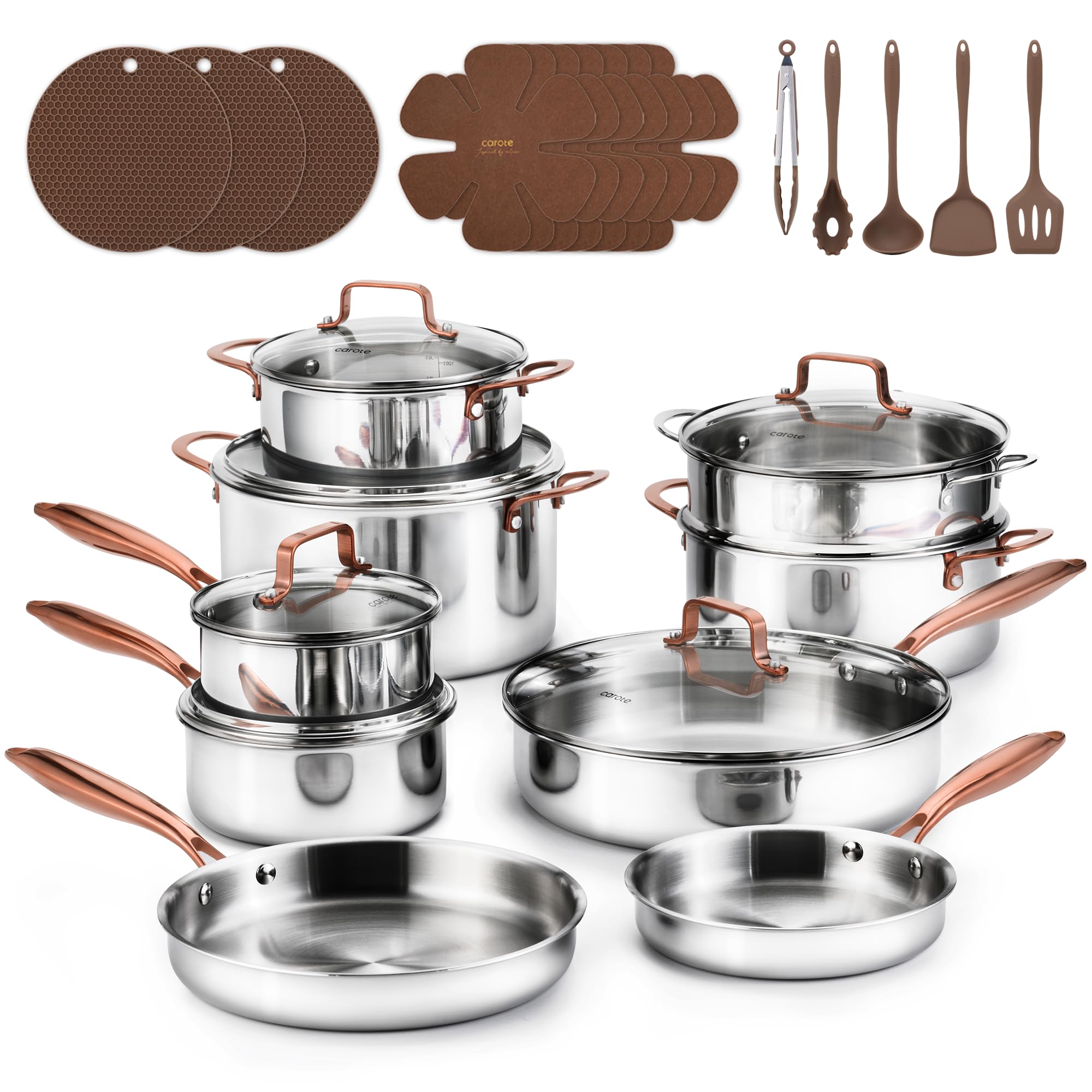 CAROTE 30 PCS TriPly Stainless Steel Cookware Set Pots and Pans Set