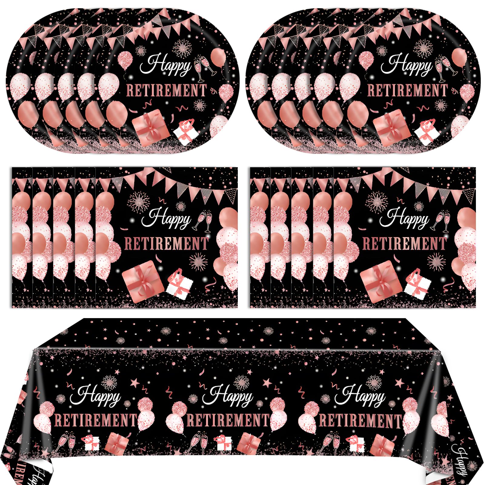 41Pcs Retirement Decorations For Women Black Rose Gold Themed Retirement Decor Plates Napkins Tablecloth Set For Retirement Part