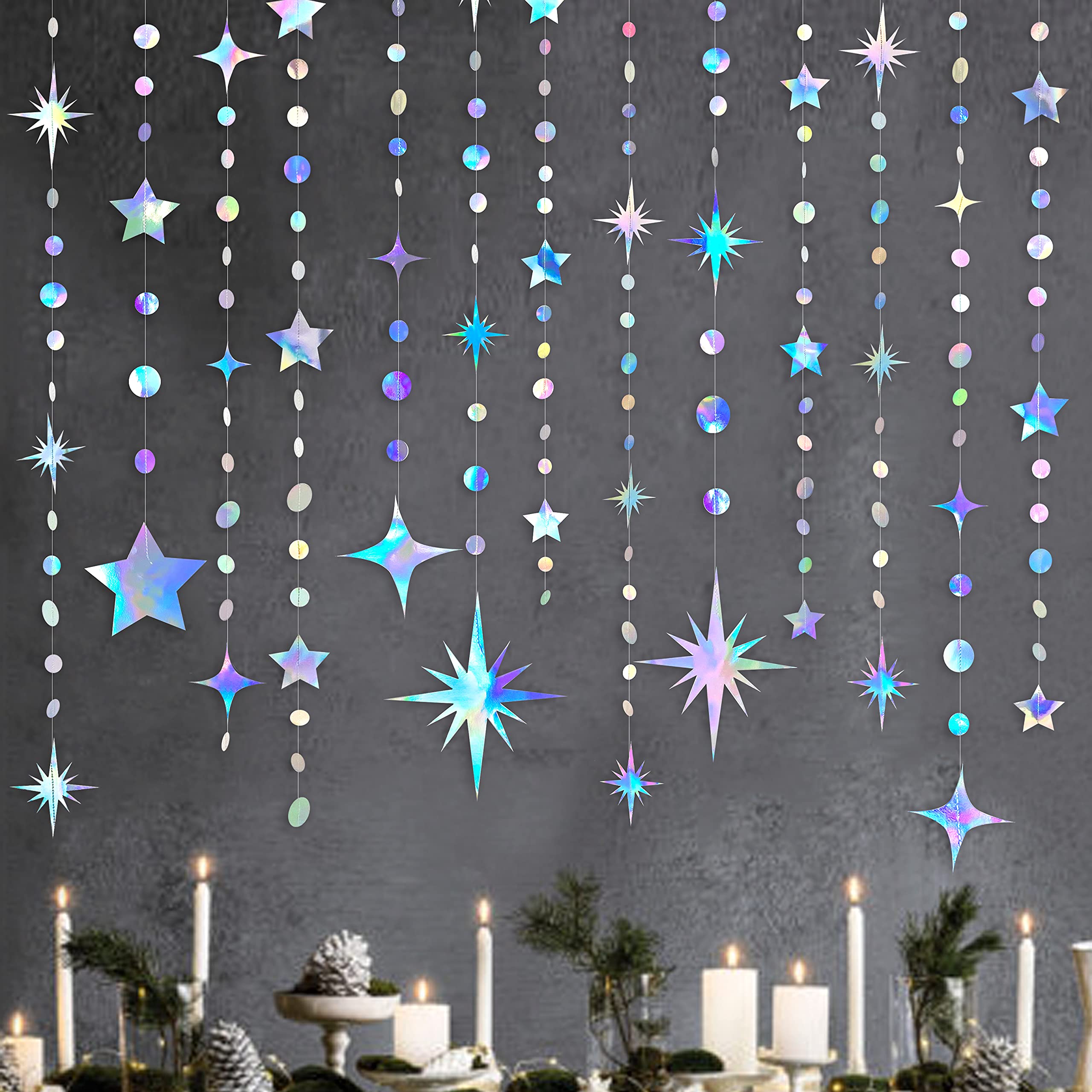 Iridescent Party Decorations Star Circle Dot Paper Garland Banner Bunting Streamer Metallic Hanging Twinkle Star Decoration For