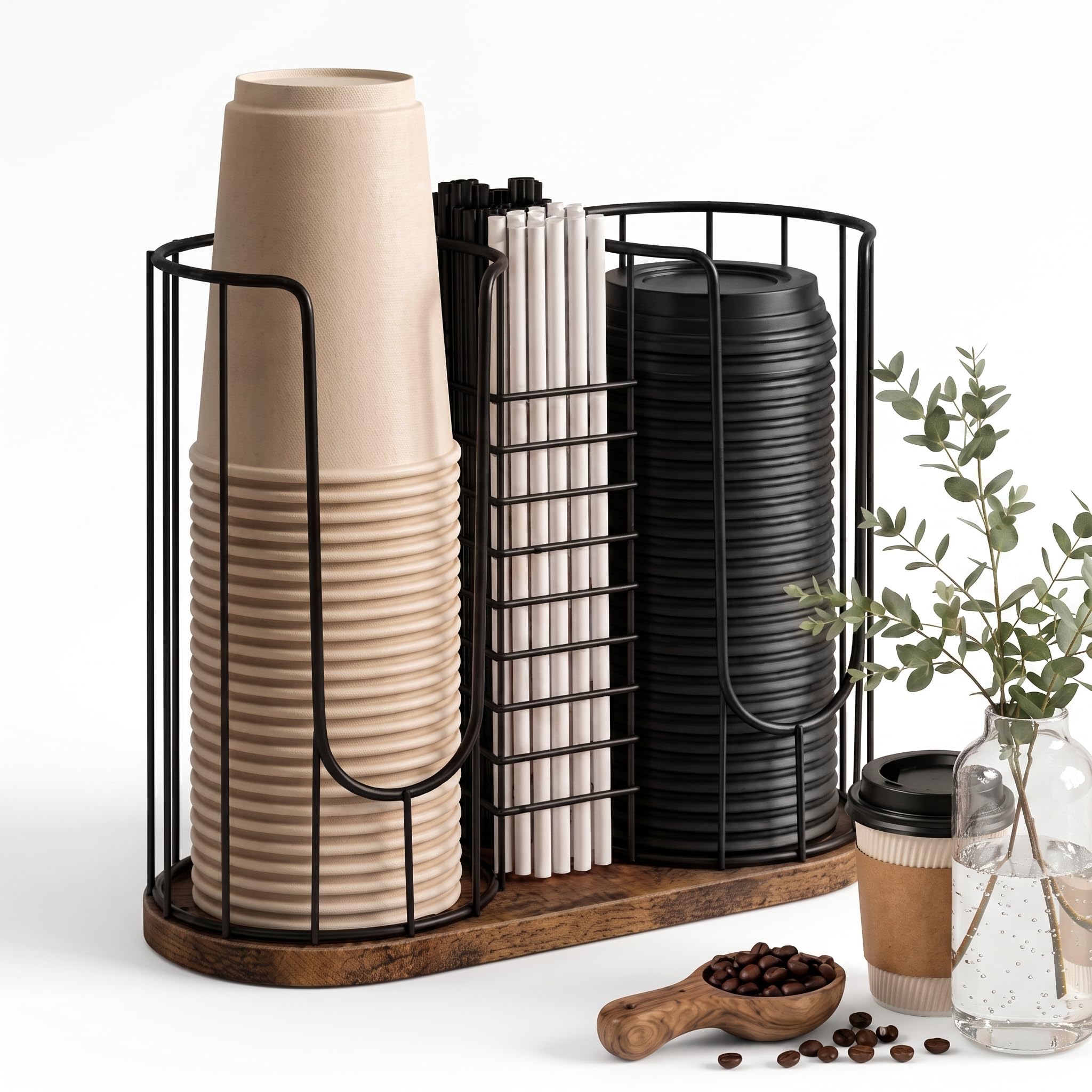 OLULU Coffee Cup Holder & Straw Holder, 3Compartment Coffee Bar Organizer