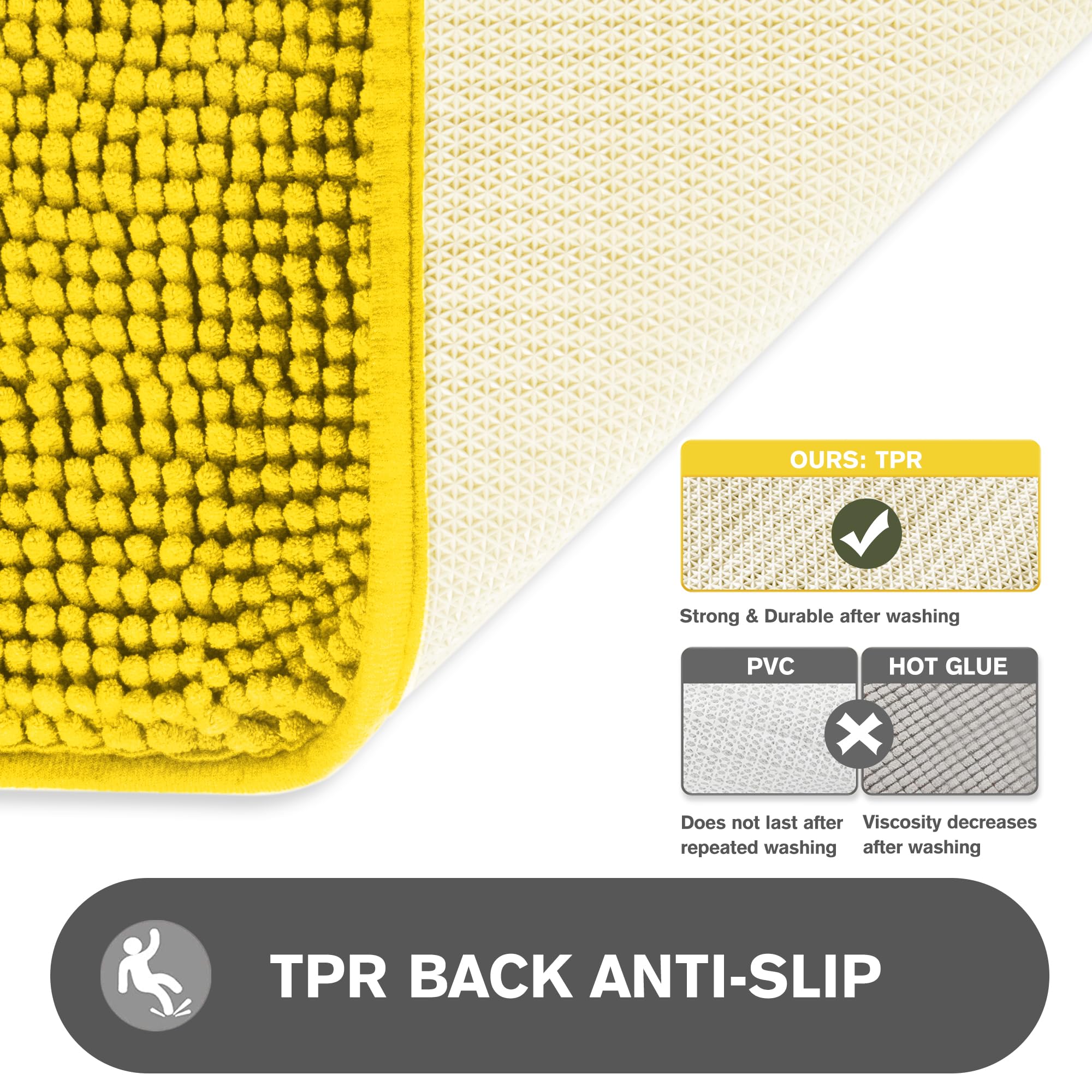 Pureswan Yellow Bathroom Rugs - Absorbent And Washable Bath Mat, Non-Slip, Thick Soft Chenille Bath Rugs For Bathroom Floor, Sho