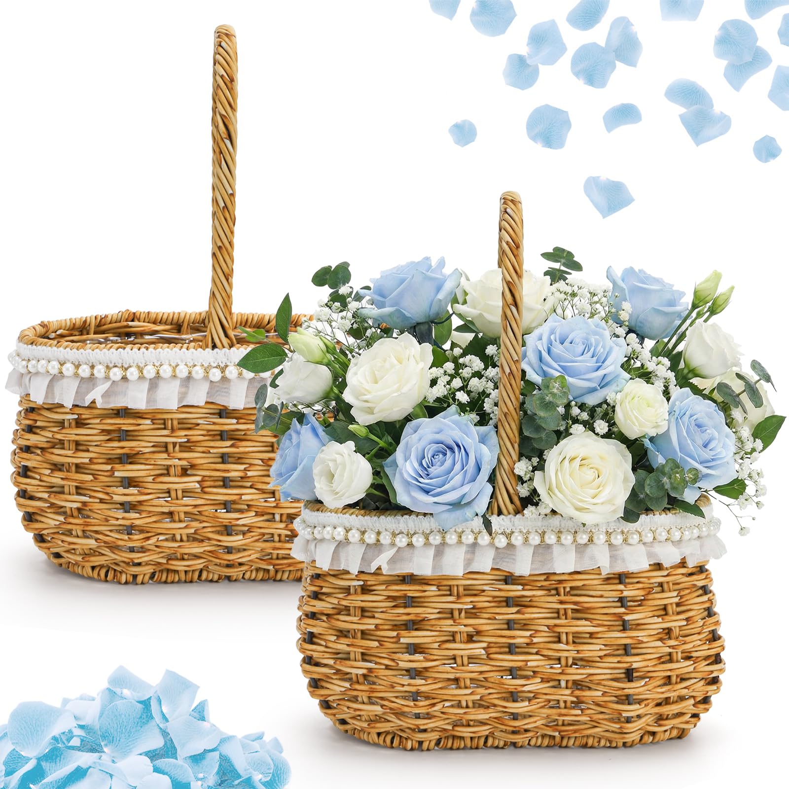 WRINGKIT Flower Girl Basket Set of 2, Wicker Rattan Baskets with Handle