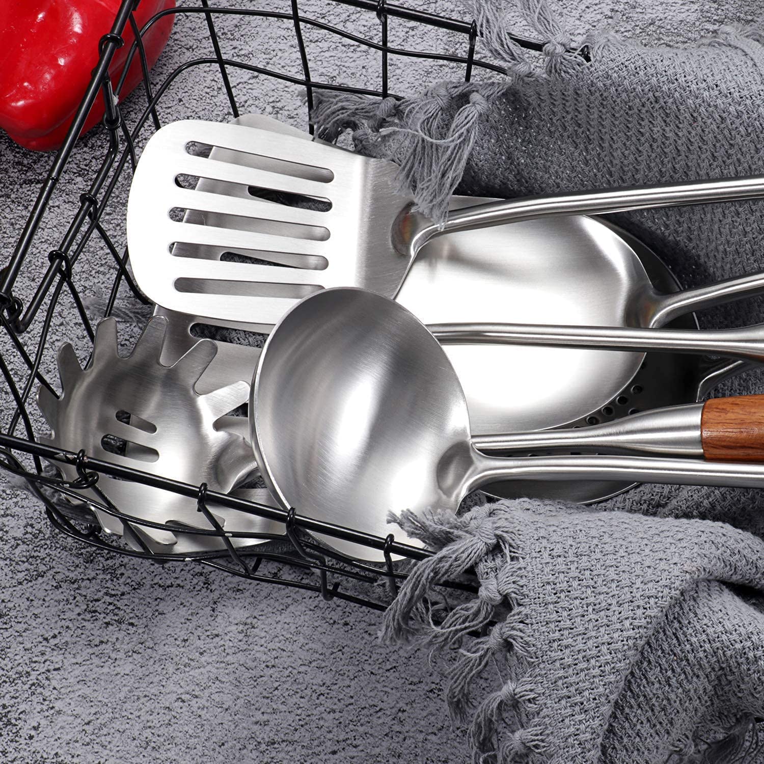Iqcwood Cooking Utensils Set, 5 Piece Wooden Utensils For Cooking, Stainless Steel Cooking Utensils, Wooden Spatula Kitchen Tool