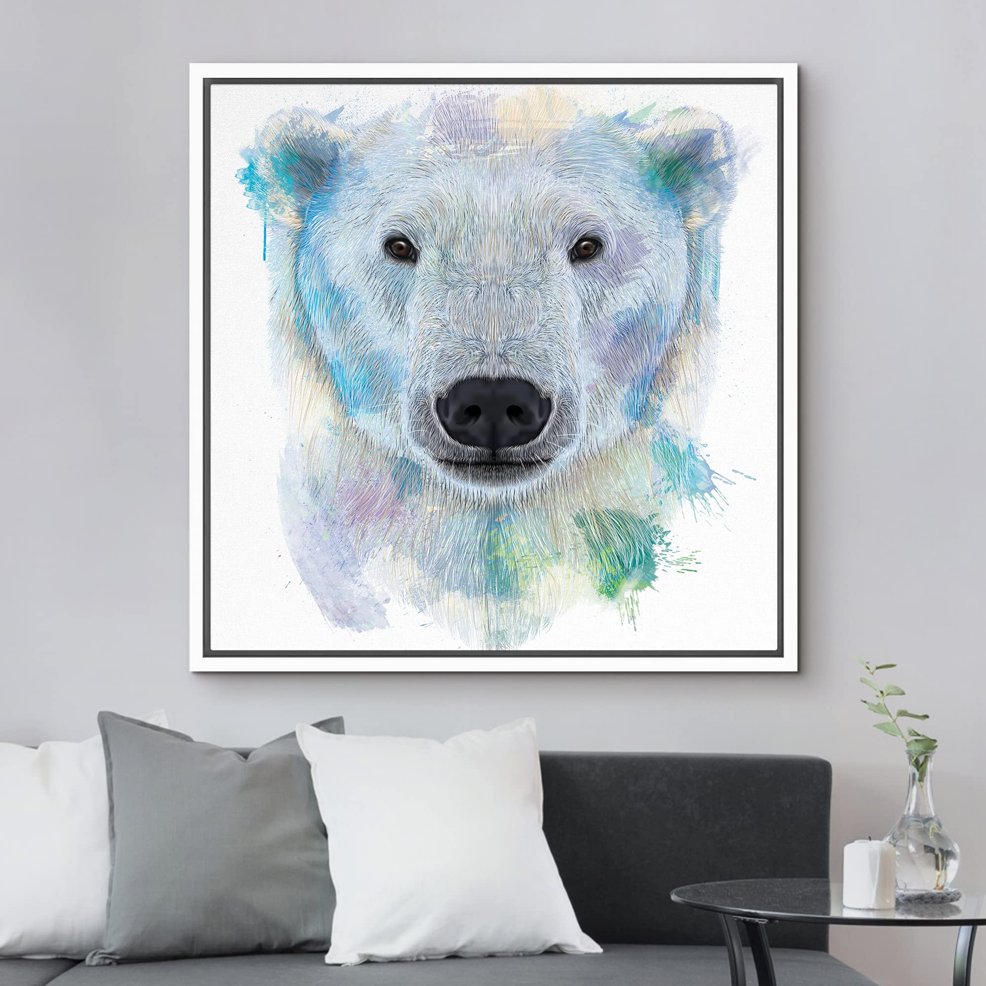 Wall26 - Fun And Colorful Splattered Watercolor Polar Bear - Framed Canvas Art Home Art - 16''X16'' White