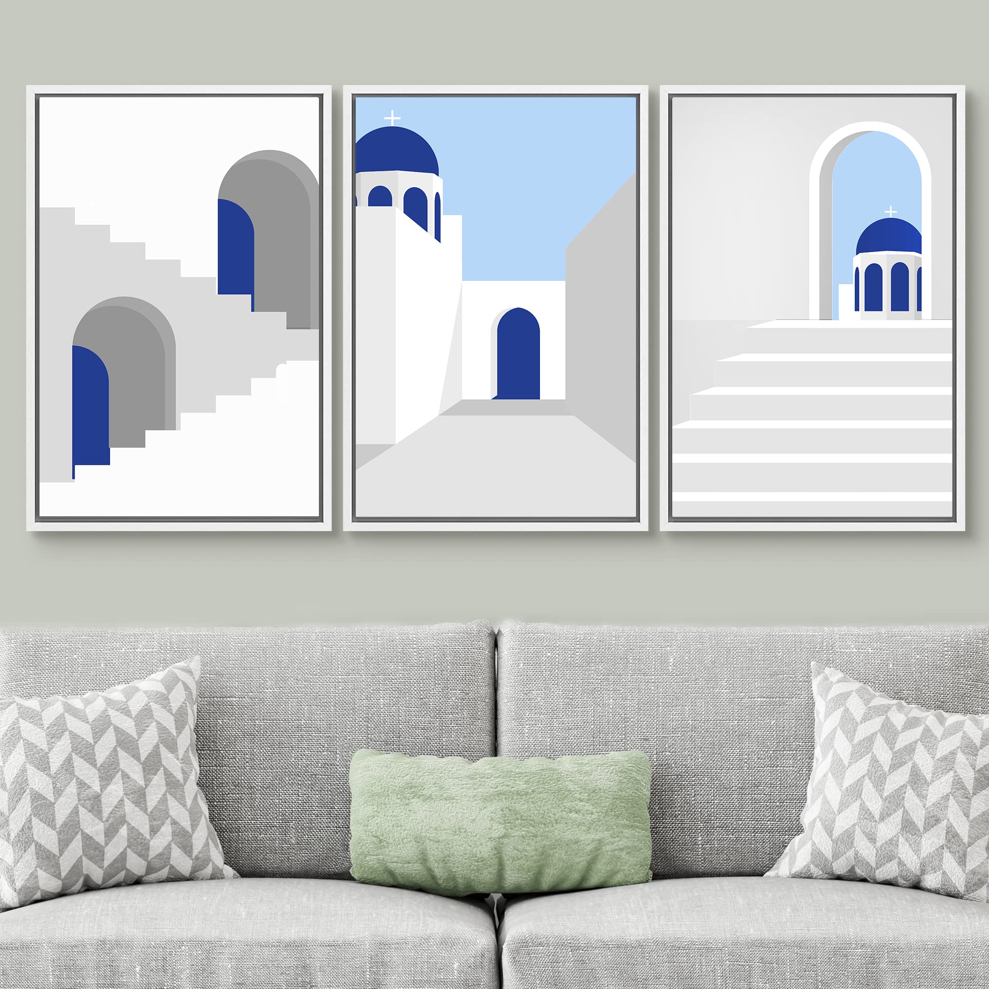 Signwin Framed Canvas Print Wall Art Set Geometric Mediterranean Blue Buildings Places Country Illustrations Modern Bohemian Sce