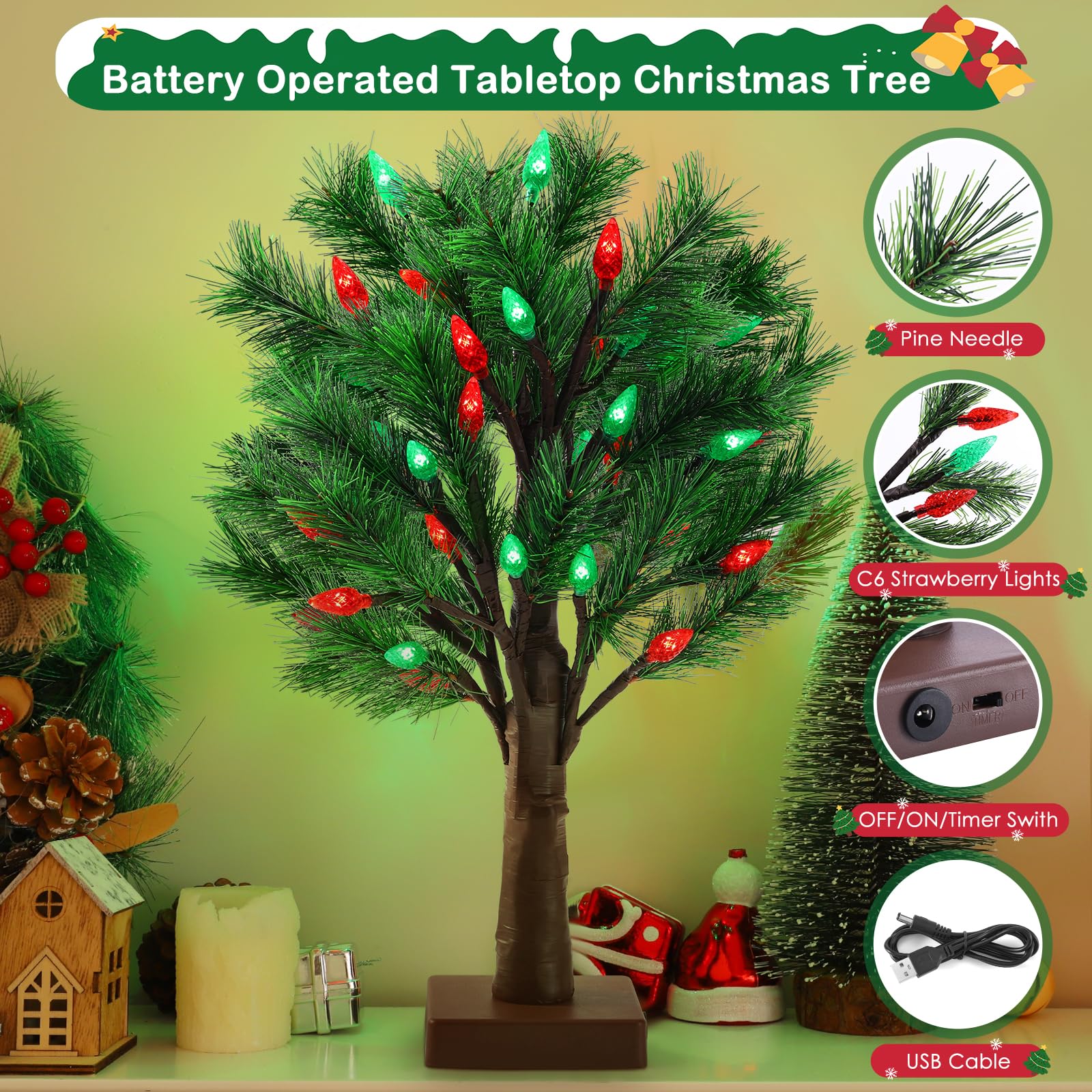 2 Pack Christmas Decorations Indoor Artificial Lighted Christmas Tree with C6 Strawberry,Total 48 LED Battery/USB Operated Pine