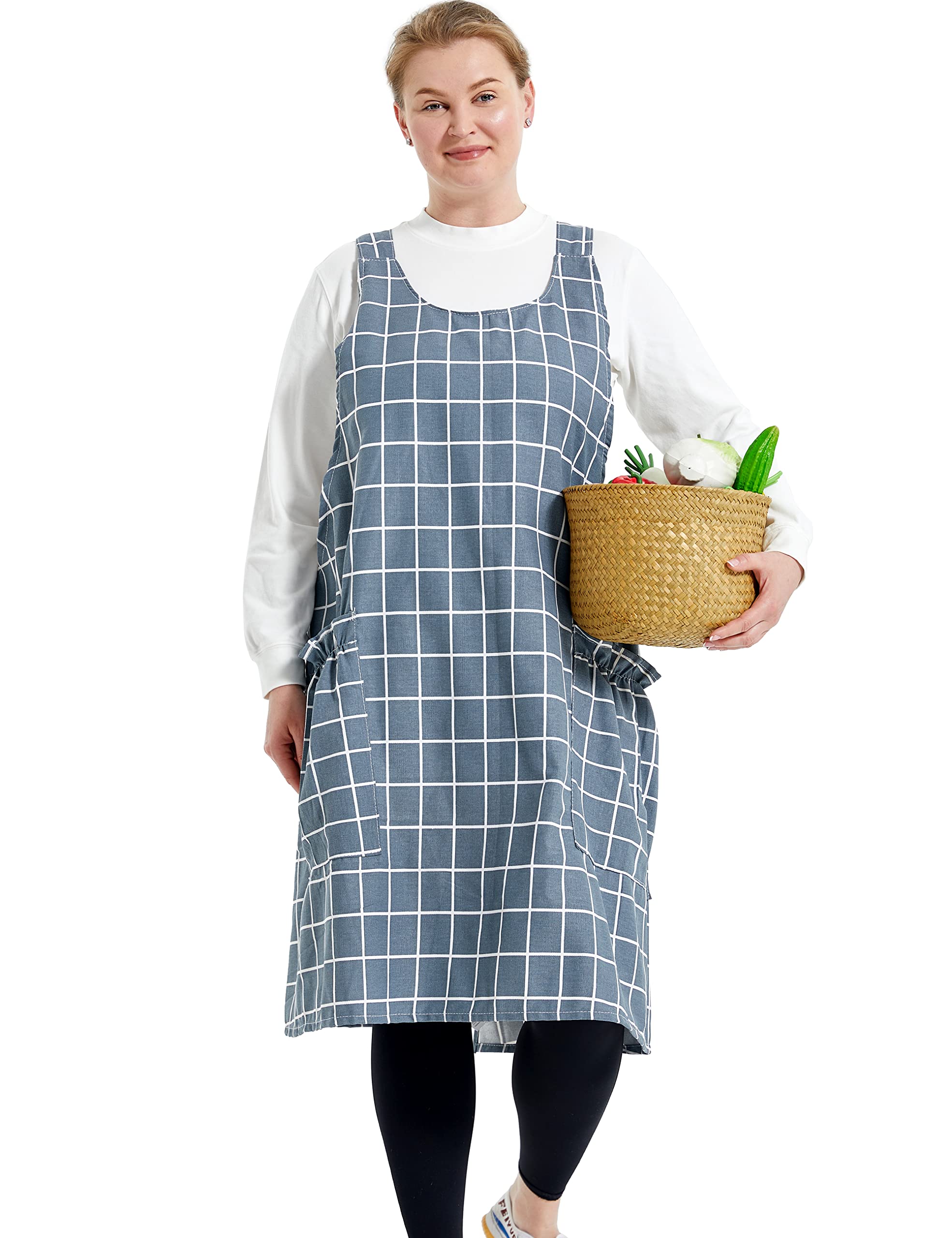 Apronner Big Plus Size Aprons For Women With Pockets Cotton Linen Baking Kitchen Cooking Grey Grid
