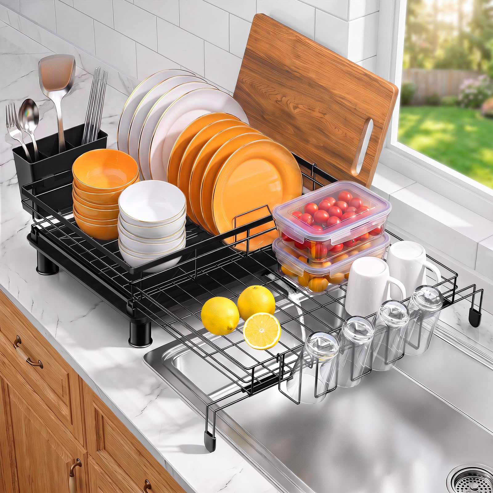 VOOWO Expandable Dish Drying Rack, Stainless Steel Over Sink Dish Drainer