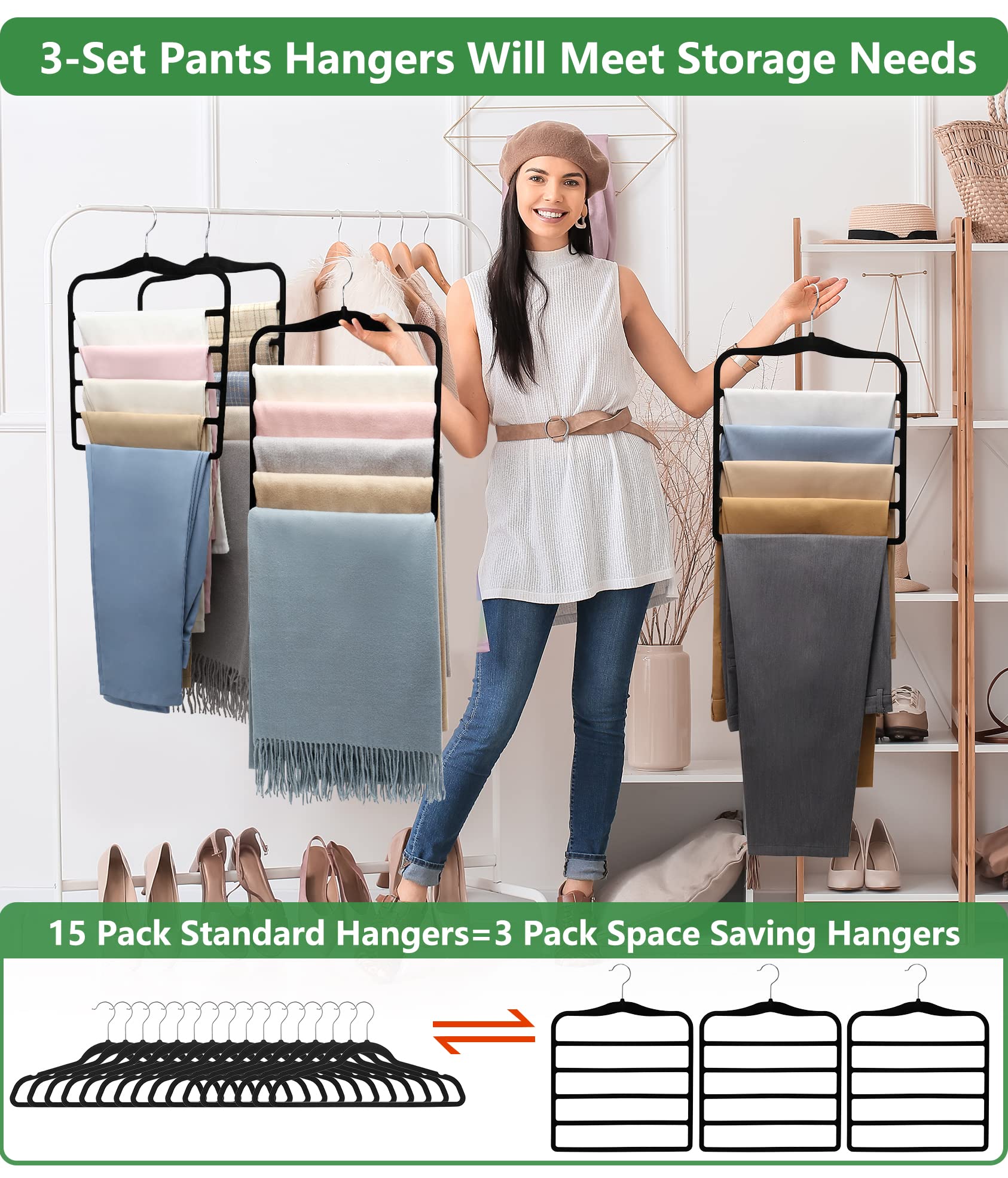 Organization and Storage 3 Pack Pants-Hangers-Space-Saving Closet-Organizers-and-Storage Non Slip Velvet Hanger for Closet Organizer College-Dorm-Room-Essentials Closet Storage for Jean Trousers Scarf