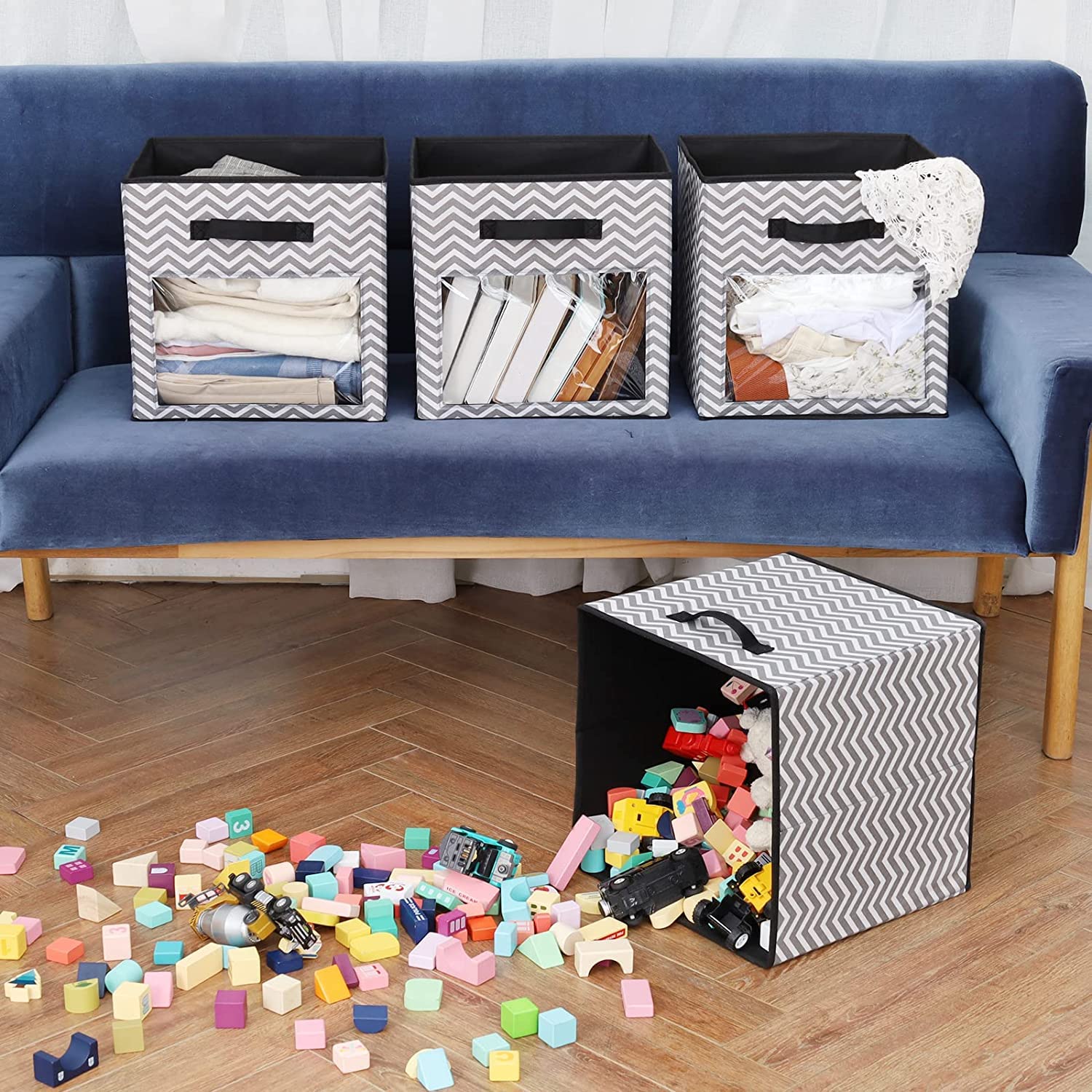 Domeraax Cube Storage Bin 4 Pack With Clear Window Large Boxes Basket With Handles Fabric Closet Organizer 13'' X 13'' X 13'' Gr