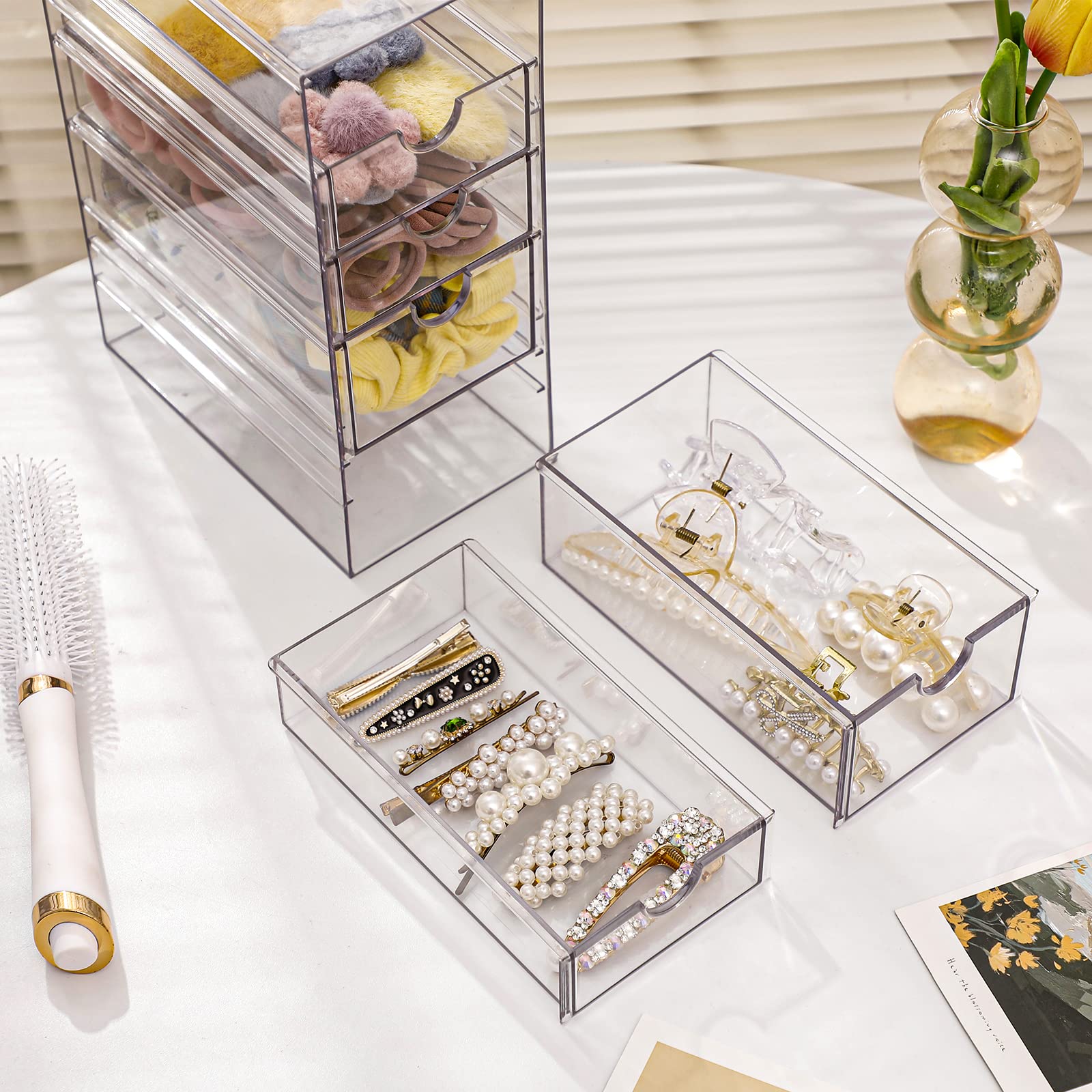 FABROK Clear Hair Accessory Organizer Box with 5 Drawers, Compact Storage Organization Drawers Set for Cosmetics, Glasses, Stati