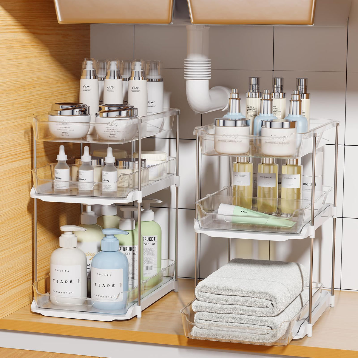 Delamu 2 Sets Of 3-Tier Bathroom Under Sink Organizers And Storage, Multi-Purpose Stackable Pantry Organization And Storage, Pul