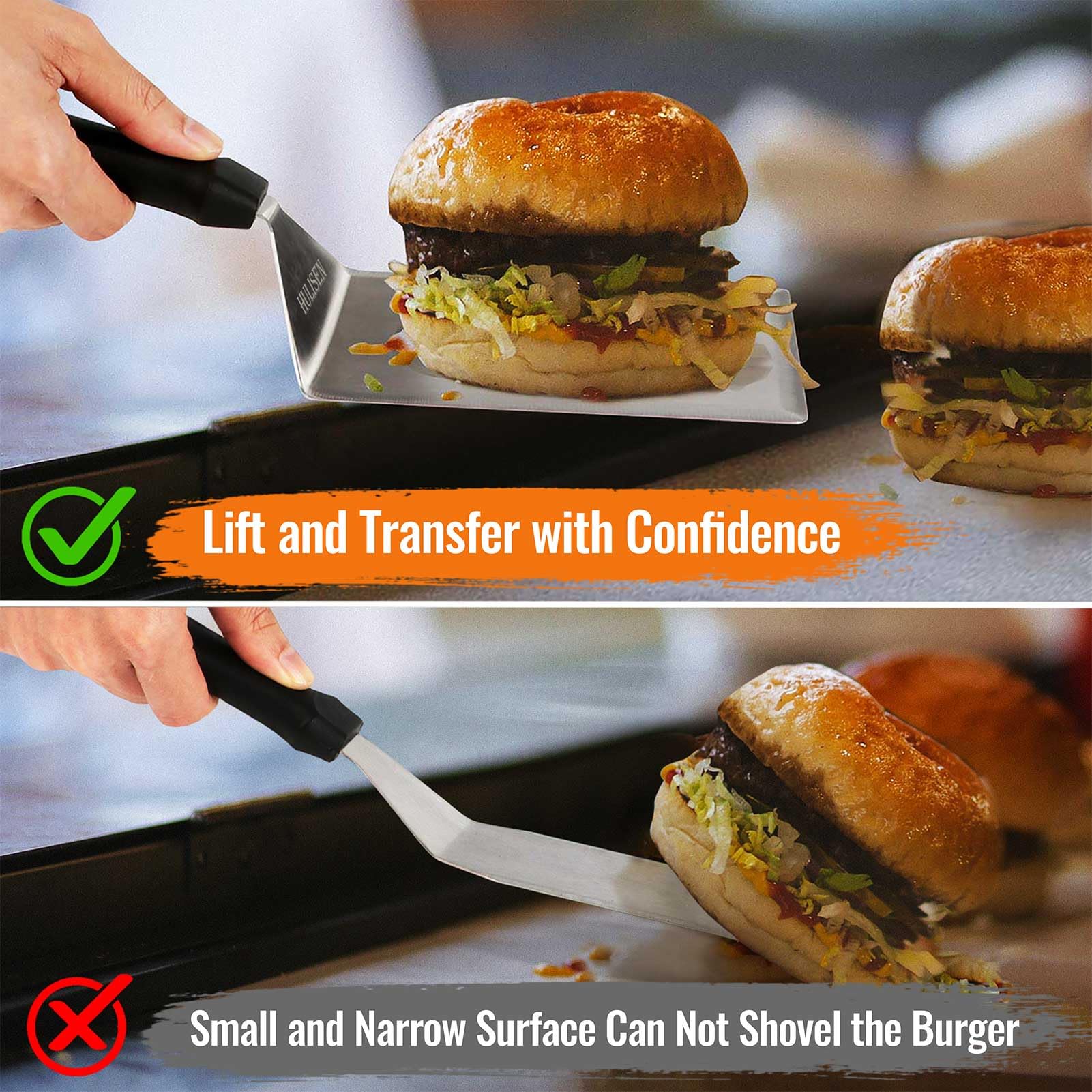 Hulisen Stainless Steel Spatula 2 Pcs, 6 X 5 Inch Large Metal Spatula With Cutting Edges, Griddle Spatula For Smashed Burger, Es