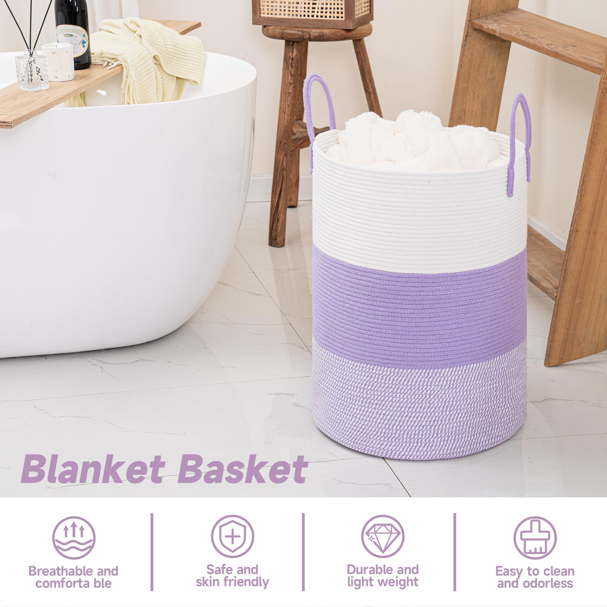 Clhmily&Z 60L Laundry Basket Round Storage Rope Basket - 15X20.5 Inches - Lavender Hamper In Bedreoom And Cute Storage Bin For B