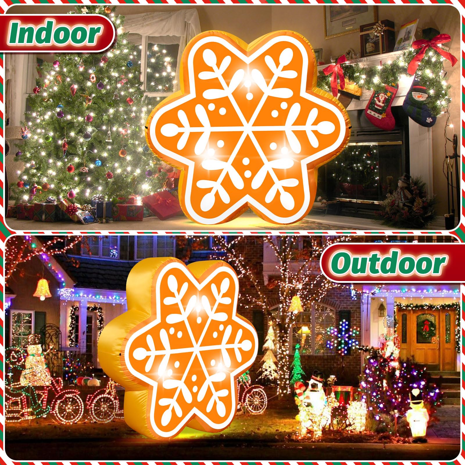 5FT Christmas Inflatable Snowflake Gingerbread Blow-up Giant Gingerbread Snowflake Built-in 3 LED Lights for Christmas Inflatabl