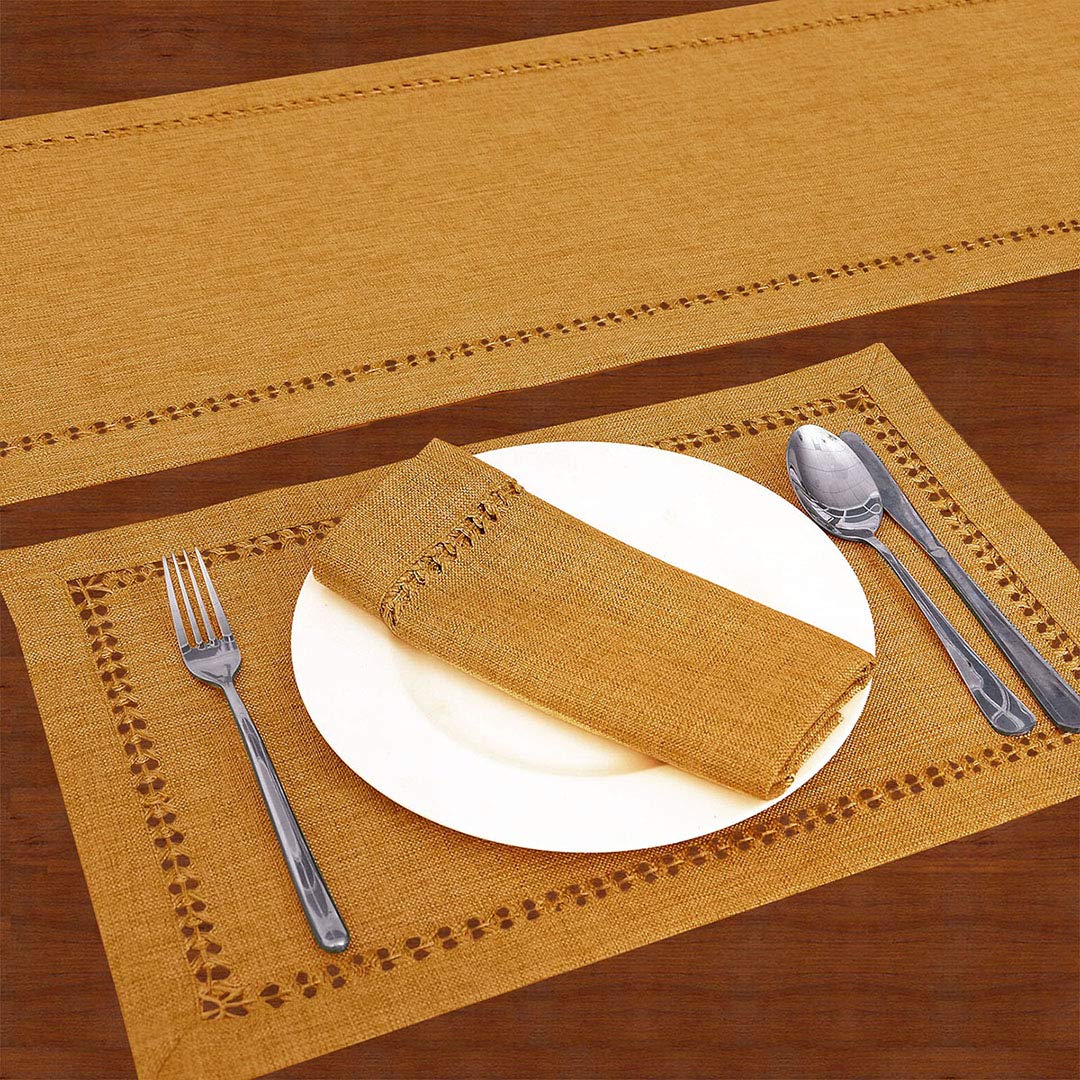 Grelucgo Handcrafted Solid Color Dining Table Runner, Dresser Scarf, Double-Hemstitched (Mustard Gold, 14 X 108)