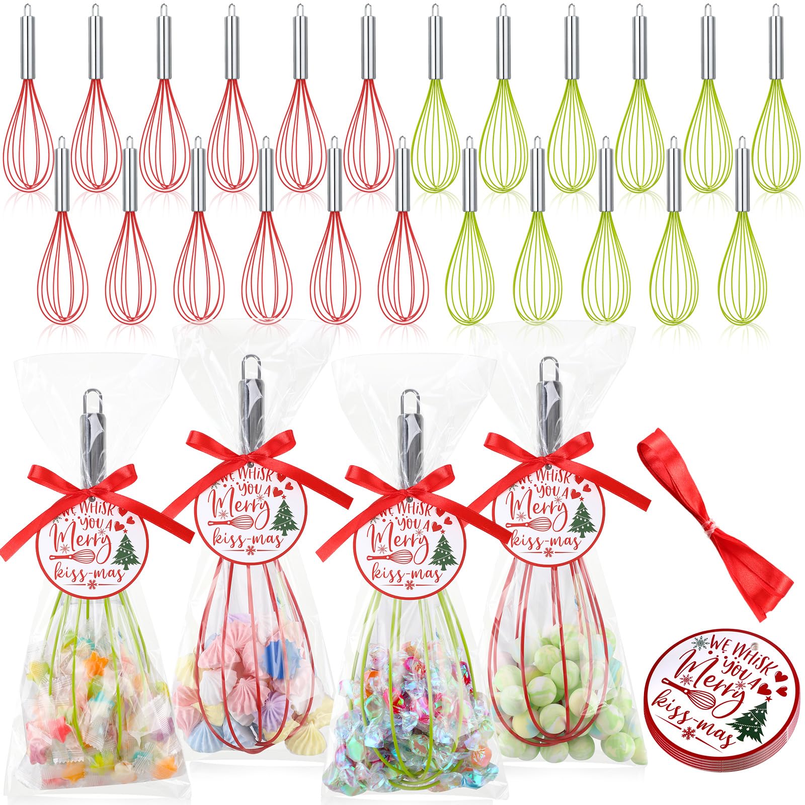 FoldTier 72 Sets 12 Inch Christmas Whisks Gifts DIY Fillable Christmas Tree Ornaments Xmas Colored Silicone Whisks for Cooking H