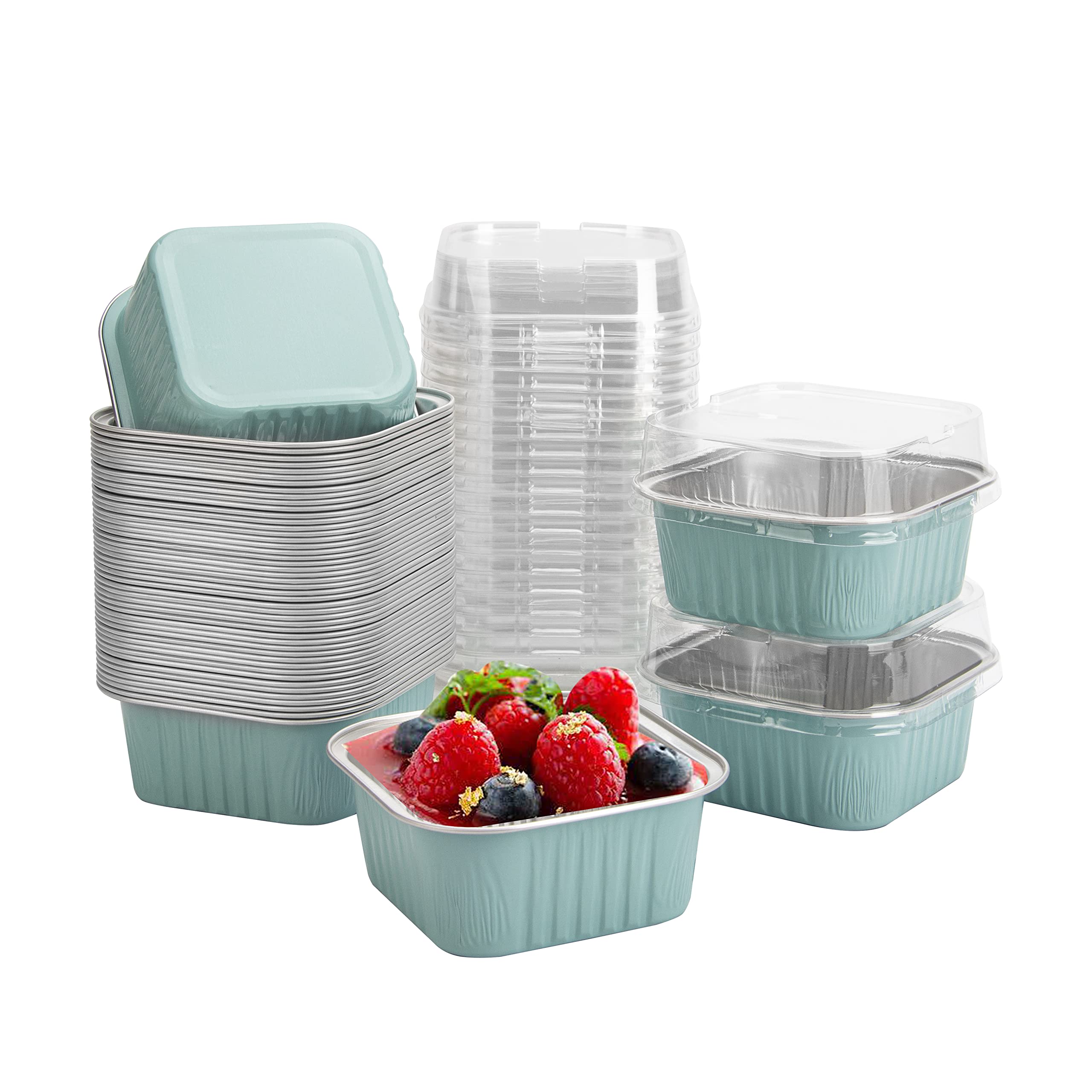 50 Pcs Mini Square Baking Cups with Lids,5oz Aluminum Foil Mini Cake Pans with Lids,Disposable Ramekins Cake Pans,150ml Dessert 