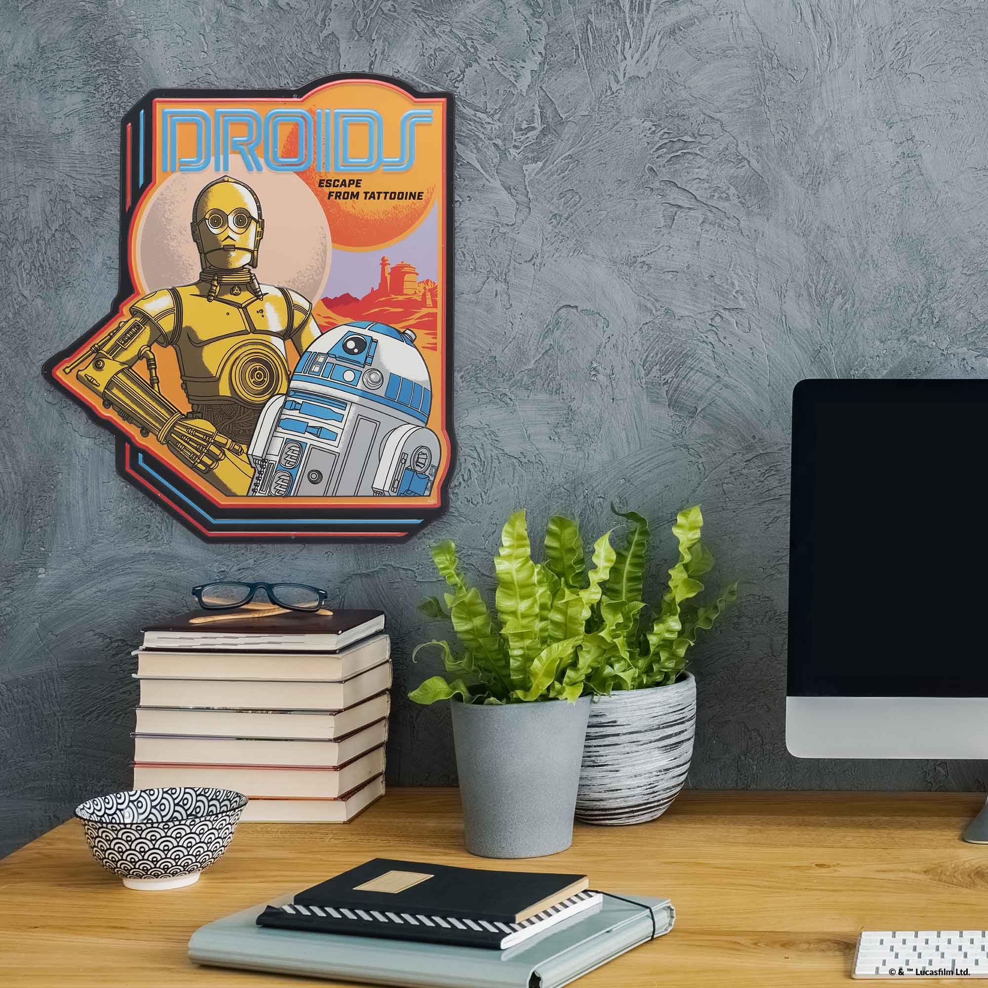 Disney Star Wars Droids Escape from Tattooine Embossed Metal Sign - Retro R2-D2 and C-3PO Wall Sign for Home
