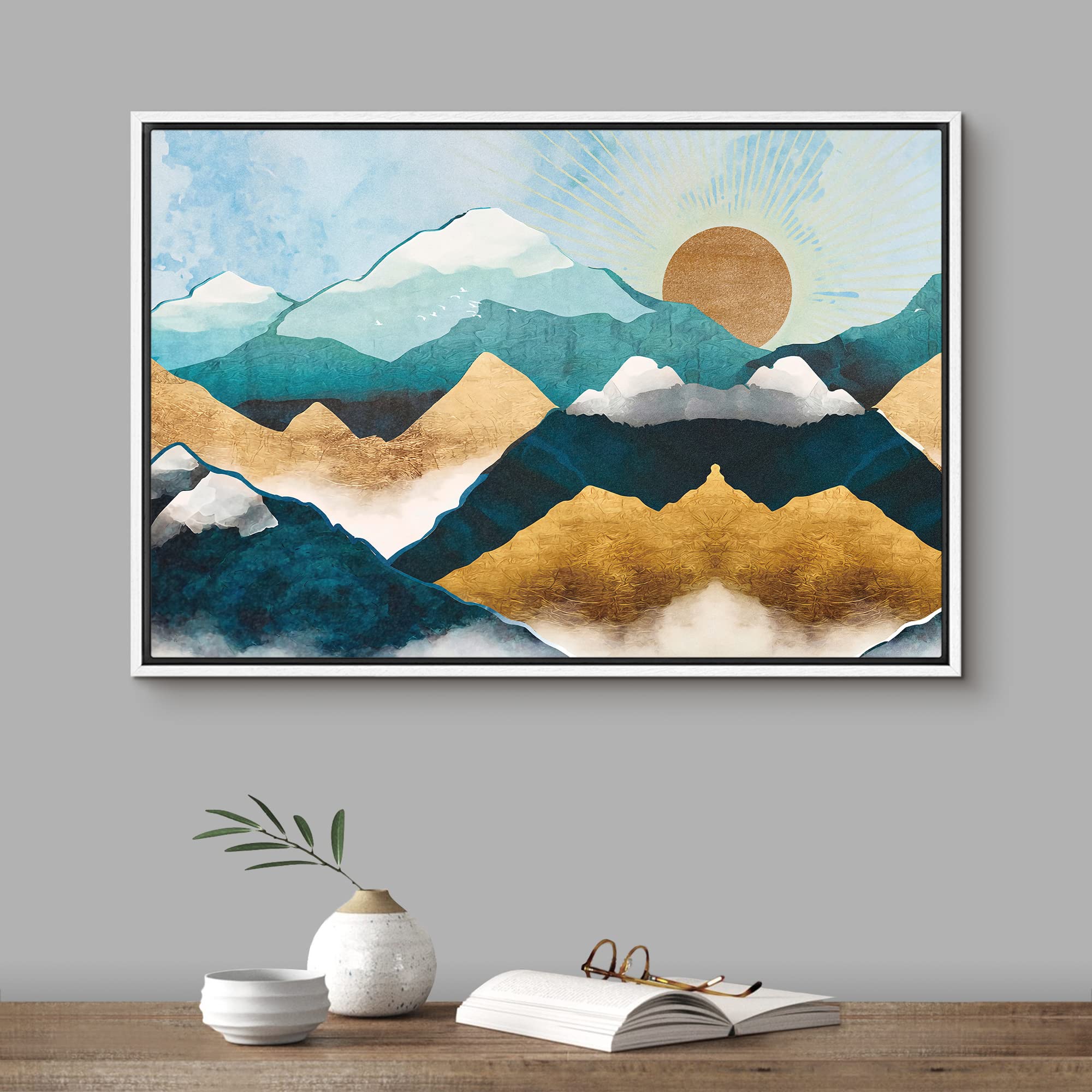 Signford Framed Canvas Print Wall Art Gold Teal Marble Sun Mountain Range Nature Wilderness Illustrations Modern Art Rustic Zen