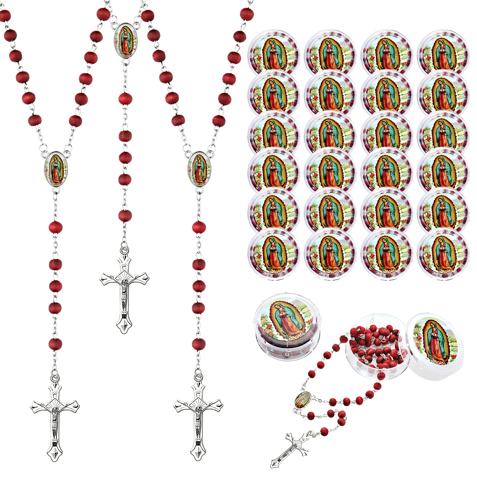 24 PCS Red Rosary Beads Bulk For Baptism Favors,Virgen De Guadalupe Regligious Bulk Rosaries For First Communion Party Favors,Ro