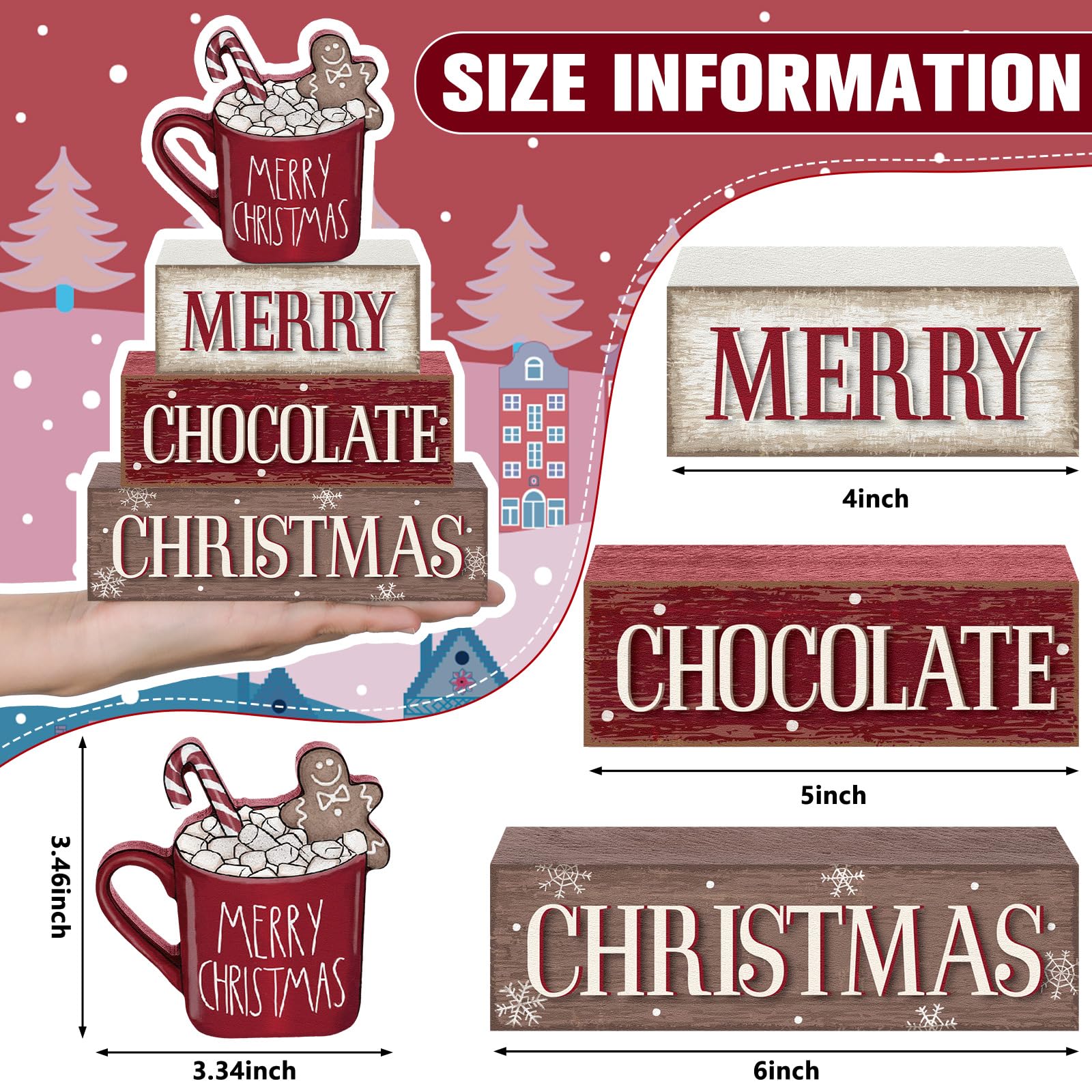 Yousoontic 4 Pcs Christmas Wooden Table Decorations Hot Cocoa Gingerbread Rustic Block Signs Centerpiece Tiered Tray Decor Xmas