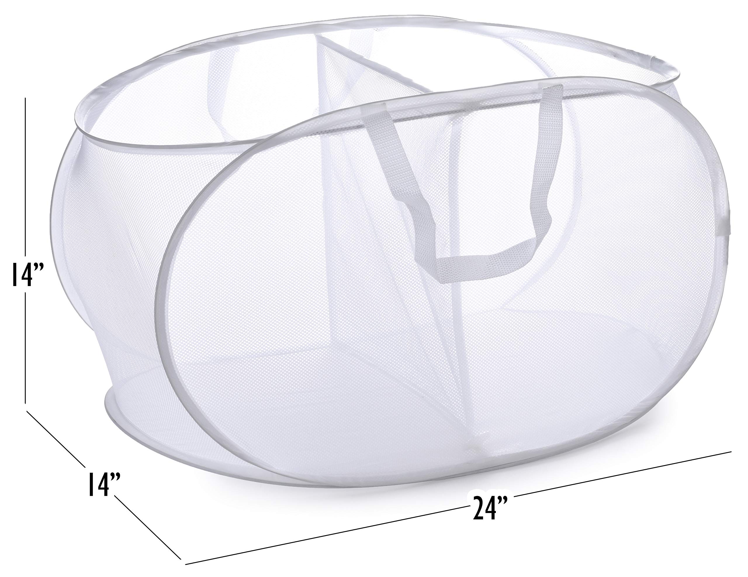 Popup Laundry Basket, Two Compartments - Durable Mesh Material, Folds For Storage, Easy Carry Handles. Folding Pop-Up Laundry Ba
