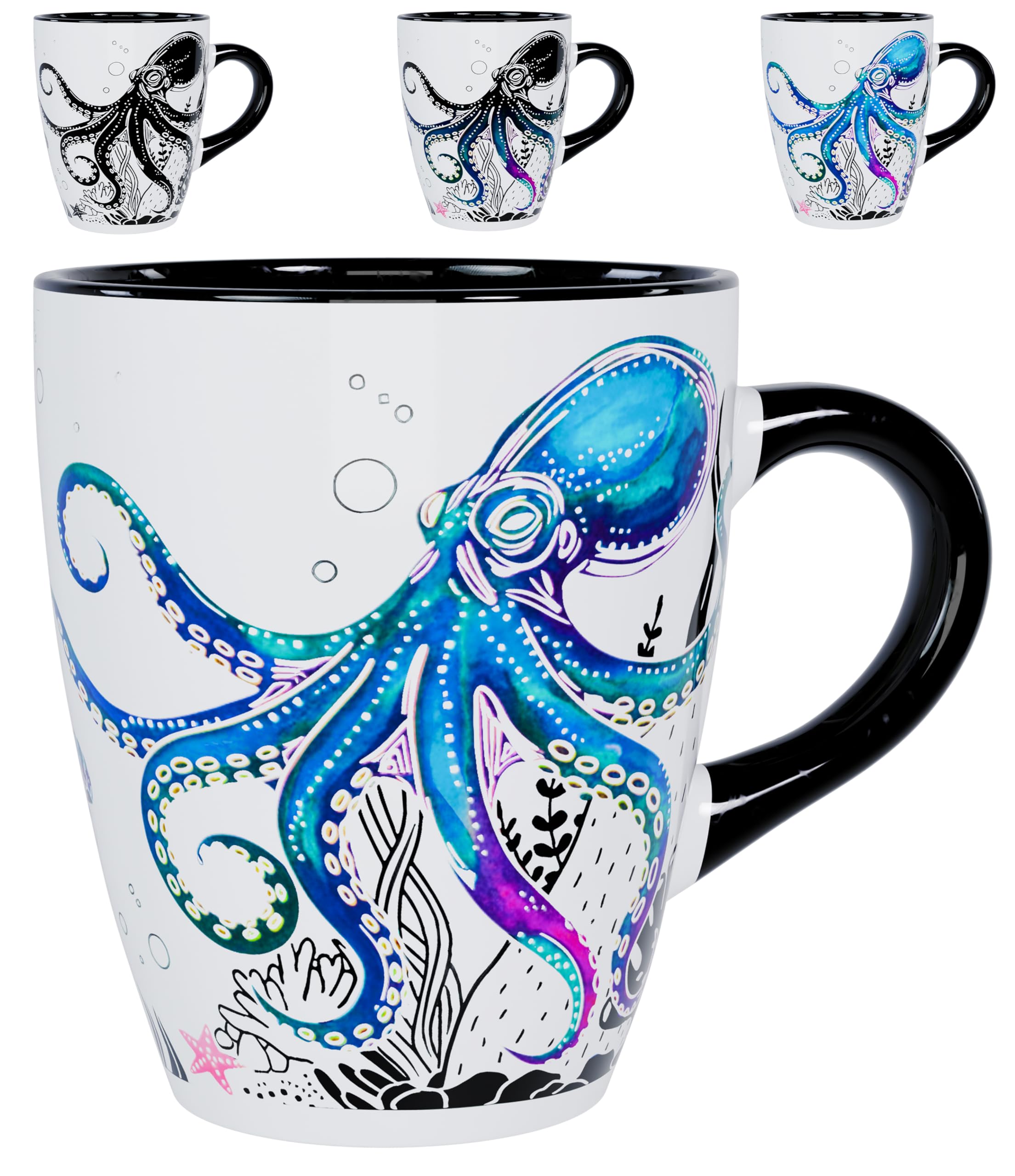 Color Changing Octopus Coffee Mug 12oz - Heat Sensitive Ceramic Cup with Ocean Reef & Coral Design, Coastal Beach Theme Mug, Uni