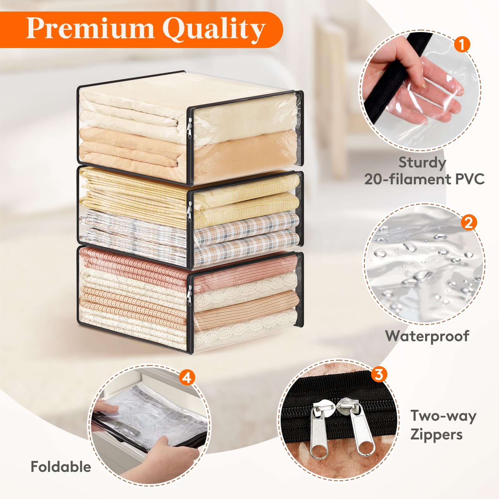 Lifewit 36L Clear Sheet Storage Bags with Zipper 6 Pack, Plastic Sweater Storage Bins for Clothing, Vinyl Foldable Clothes Conta