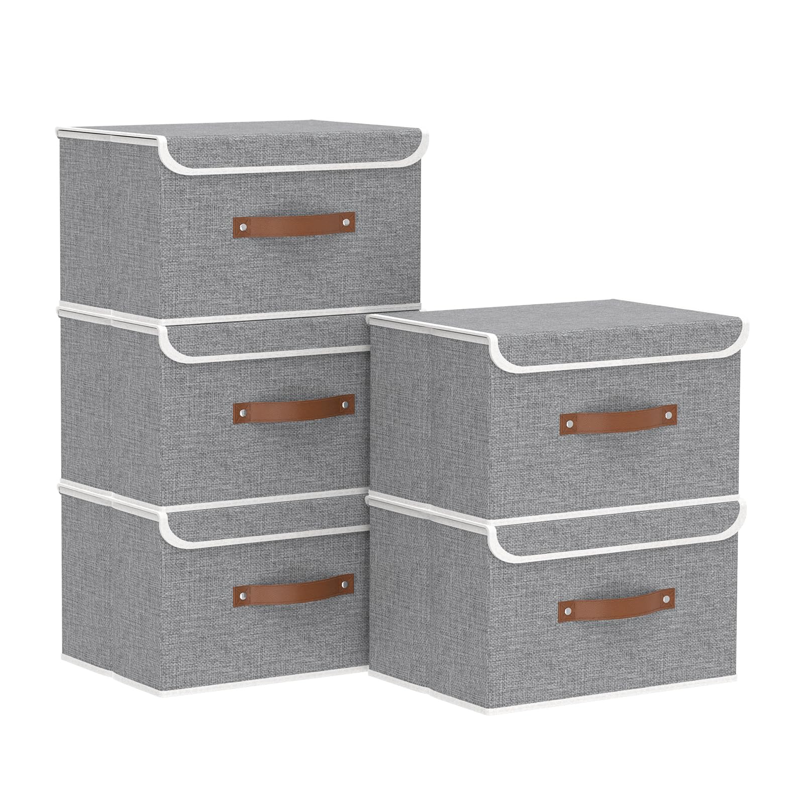 Yawinhe Collapsible Storage Boxes, Foldable Bin with Lids, Cube Clothes Organizer Basket with Handles, Grey, 13.0Lx9.0Wx7.9