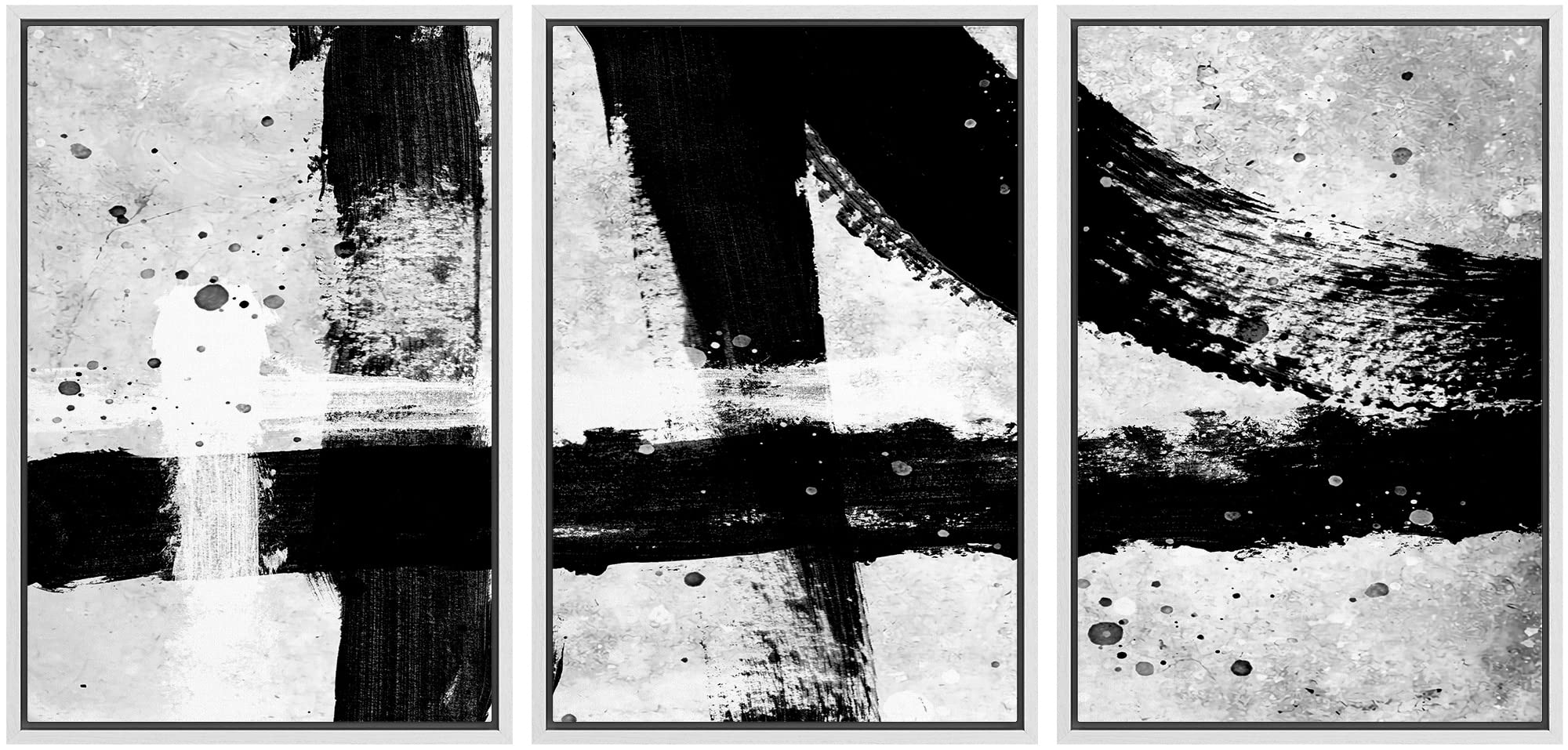 Idea4Wall Framed Wall Art Print Set Industrial Style Black & White Paint Strokes Abstract Shapes Illustrations Modern Art Altern