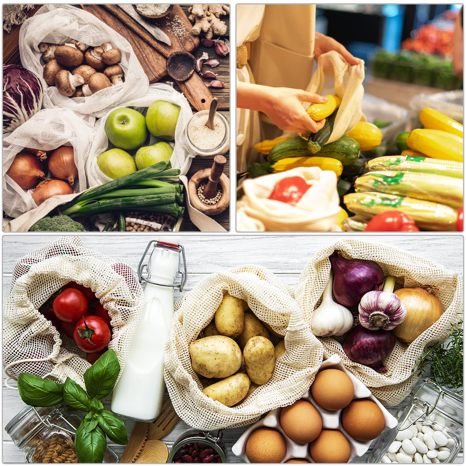 Kerkoor Reusable-Cotton-Mesh-Produce-Shopping-Bags-Washable Eco Friendly Premium See Through Lightweight Net Zero Bulk Bags For