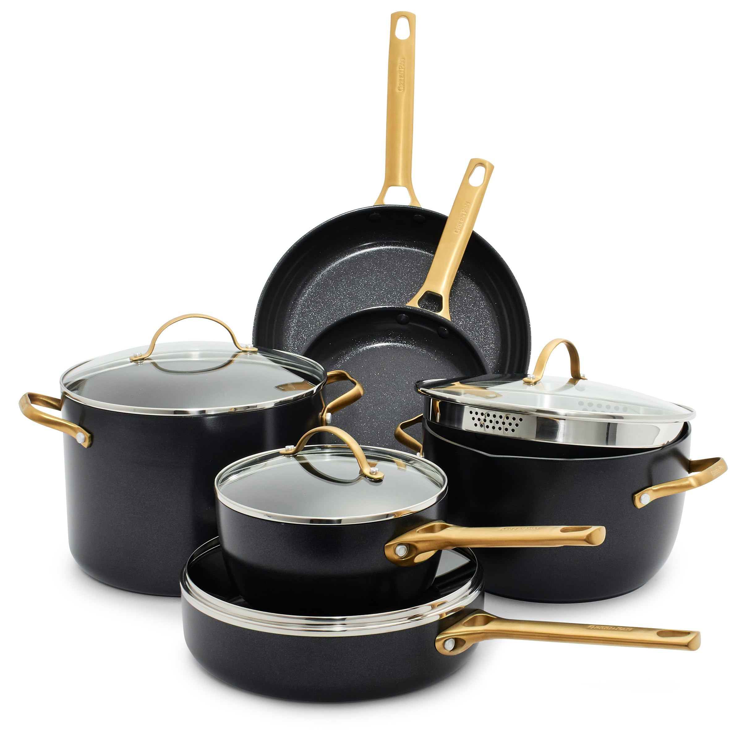 GreenPan Reserve Hard Anodized Healthy Ceramic Nonstick 10 Piece Cookware Pots and Pans Set, GoldTone Stainless Steel Handles, 