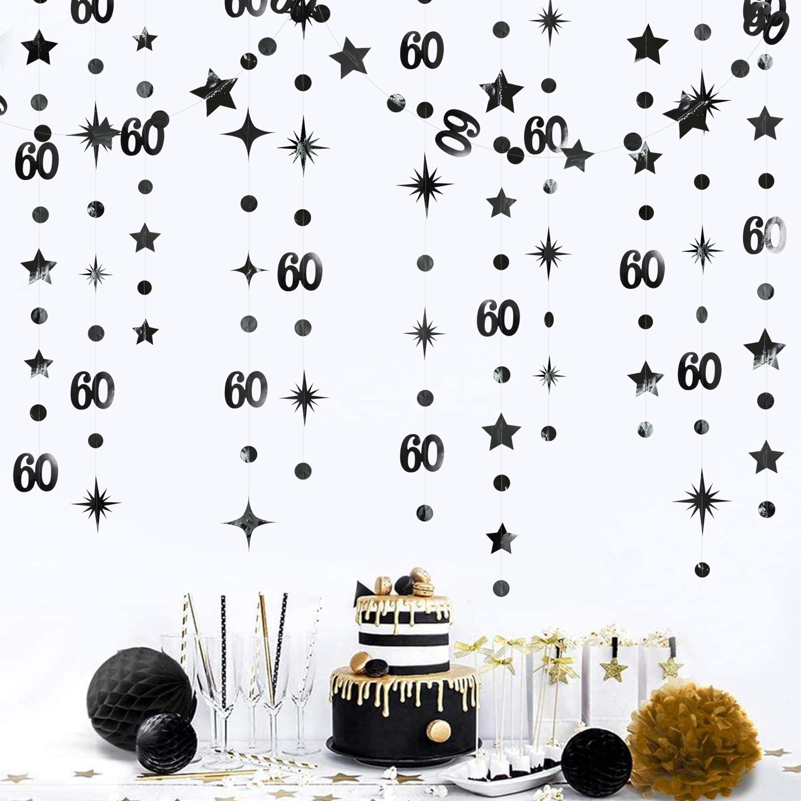 Black 60Th Birthday Decorations Number 60 Circle Dot Star Garland Hanging Streamer Bunting Banner Backdrop For Mens Cheers To 60