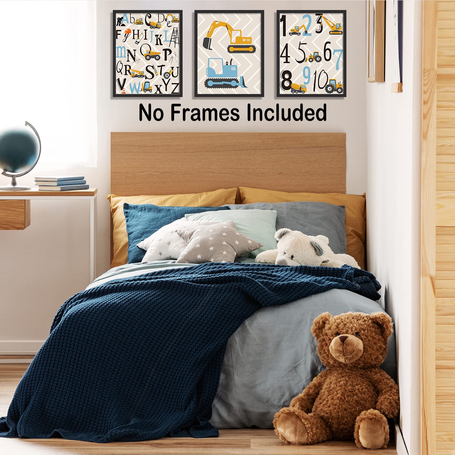 Kairne Cartoon Construction Art Print, Set Of 4 (8X10   ) Trucks,Digger,Transport Vehicle Canvas Poster,Alphabet Numbers Art Pai