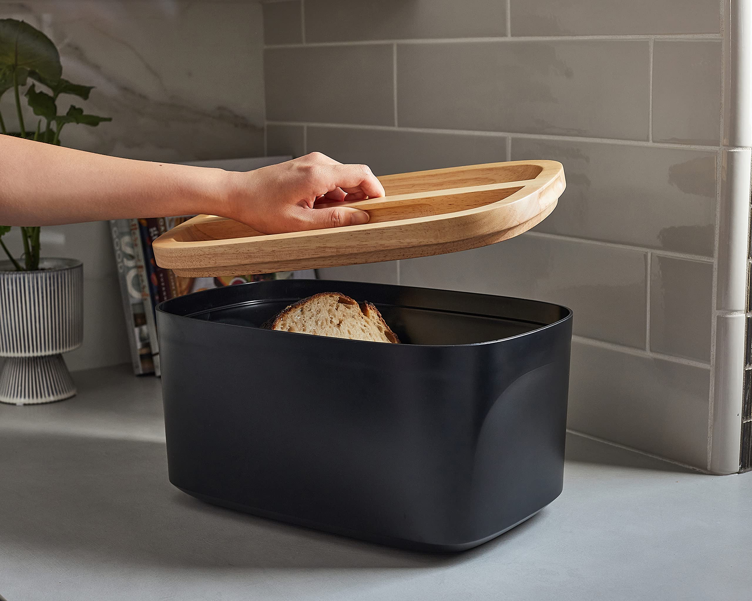 Sonder Los Angeles, Modern Bamboo Fiber (Black) Bread Box For Kitchen Countertop With Reversible Wood Serving Lid, Homemade Brea