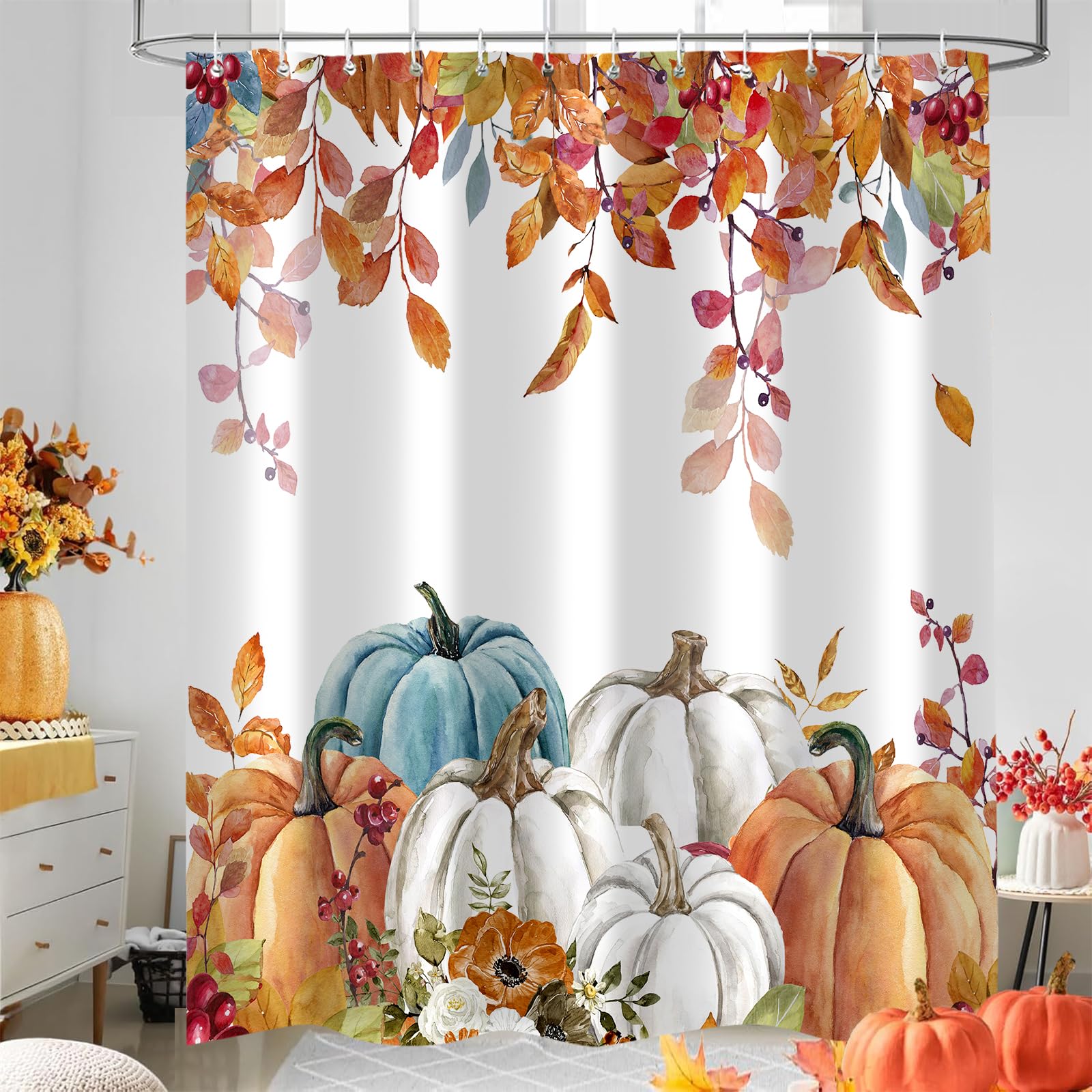 Paopoed Fall Pumpkin Shower Curtain, Thanksgiving Autumn Maple Leaves Watercolor Floral Harvest Boho Bathroom Curtains With Hook