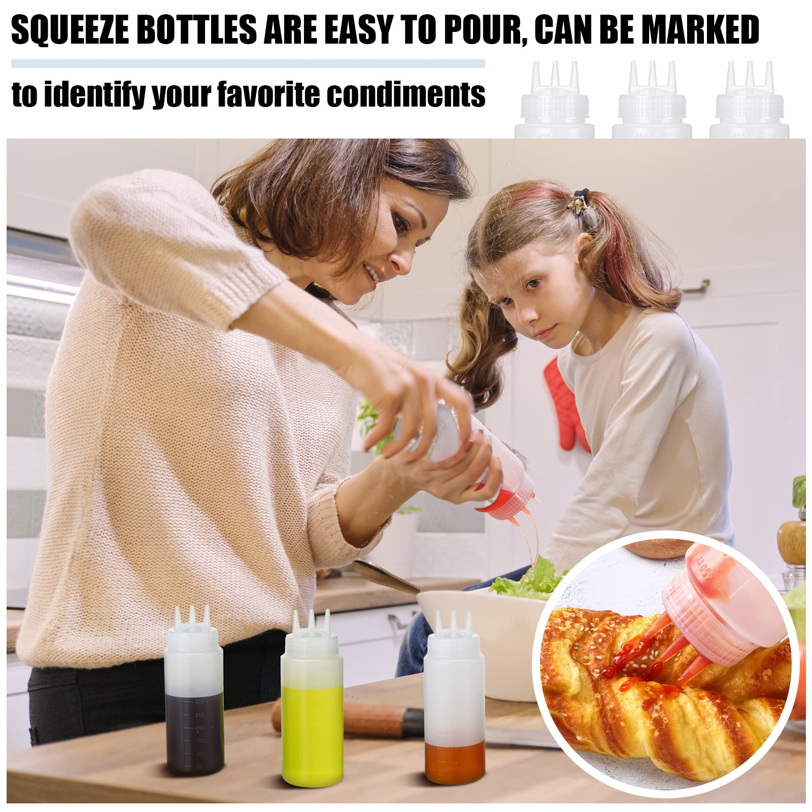 Dingion 8 Pcs 3 Hole Squeeze Bottles 16 Oz Plastic Condiment Squeeze Bottles Salad Dressing Container Sauces Squeeze Bottles For