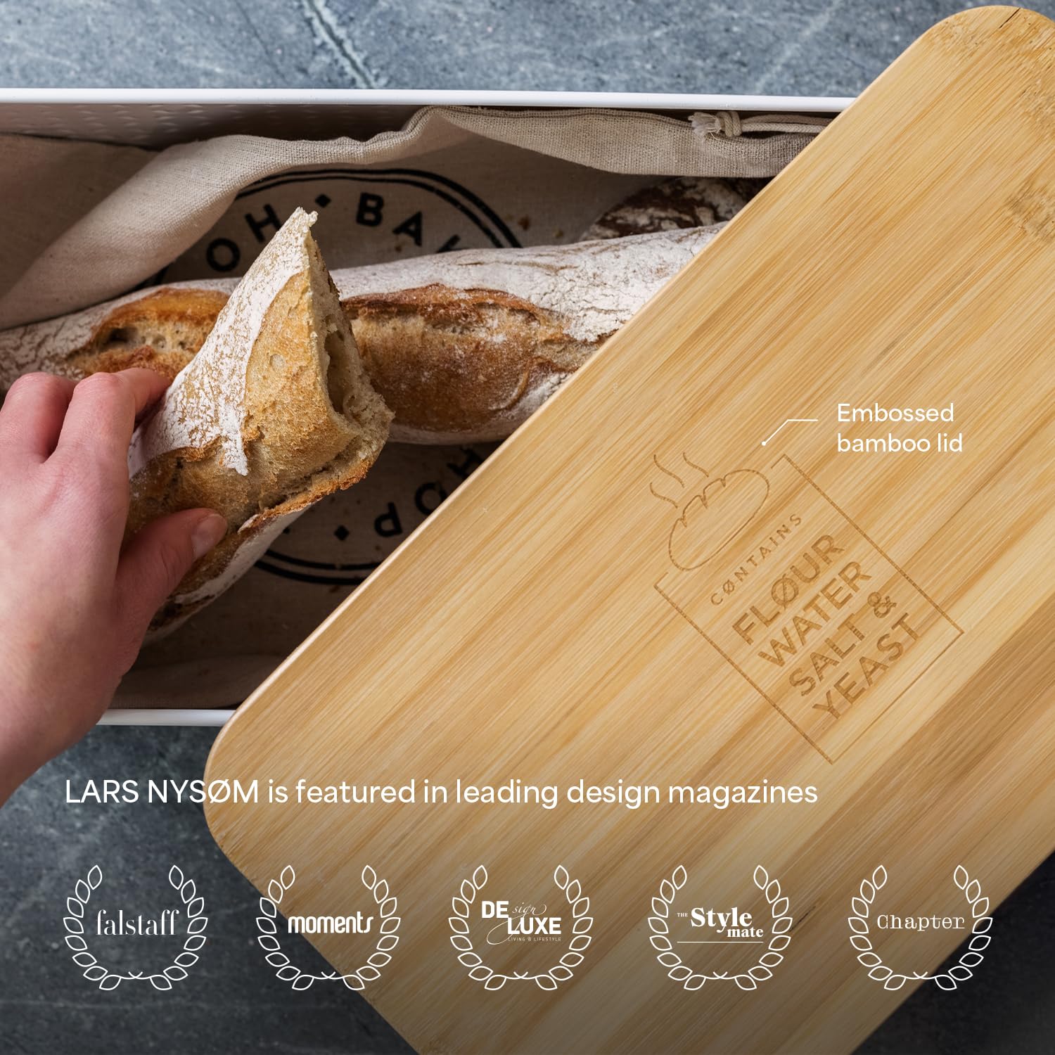LARS NYSØM Bread Box - Metal with Bamboo Cutting Board Lid, 13.4x7.3x5.3In, Carbon Black, Long-lasting Freshness