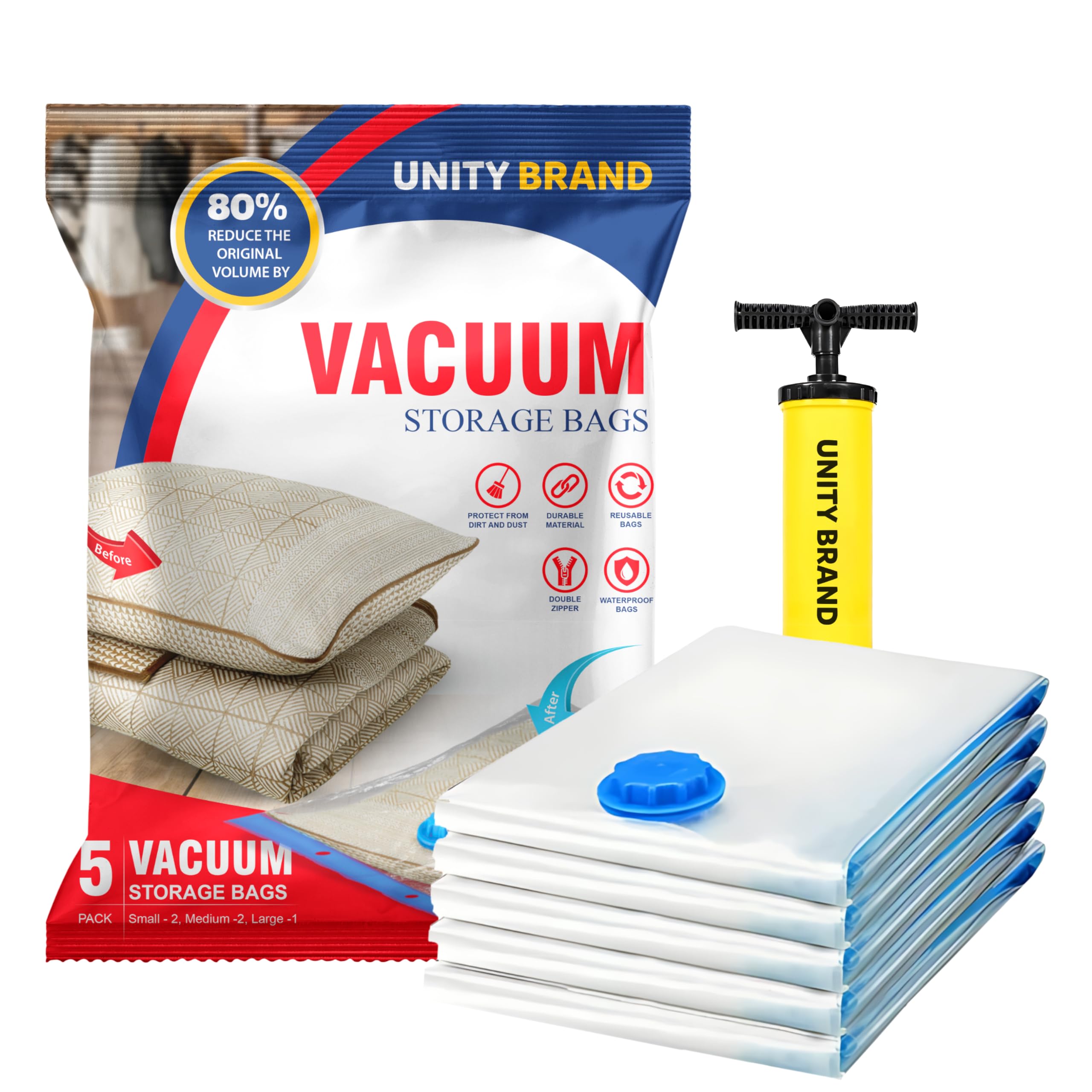Unity Brand 5 Pack Vacuum Bags For Travel With Hand Pump Airtight Reusable Space Saver Compression Storage Bags For Packing, Vac