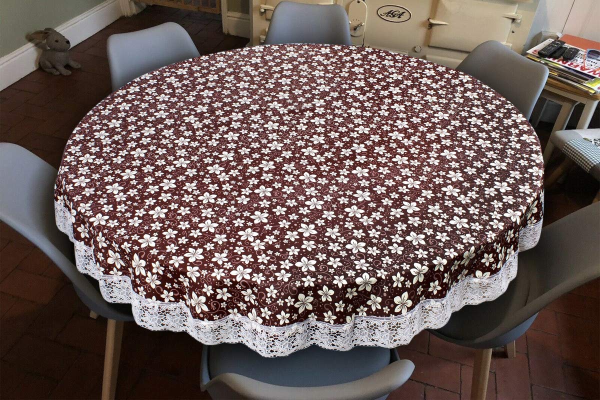 The Furnishing Tree Round Shaped WxL 72x72 Inch 8 Seater Table Cover Floral Pattern Brown White, Waterproof PVC