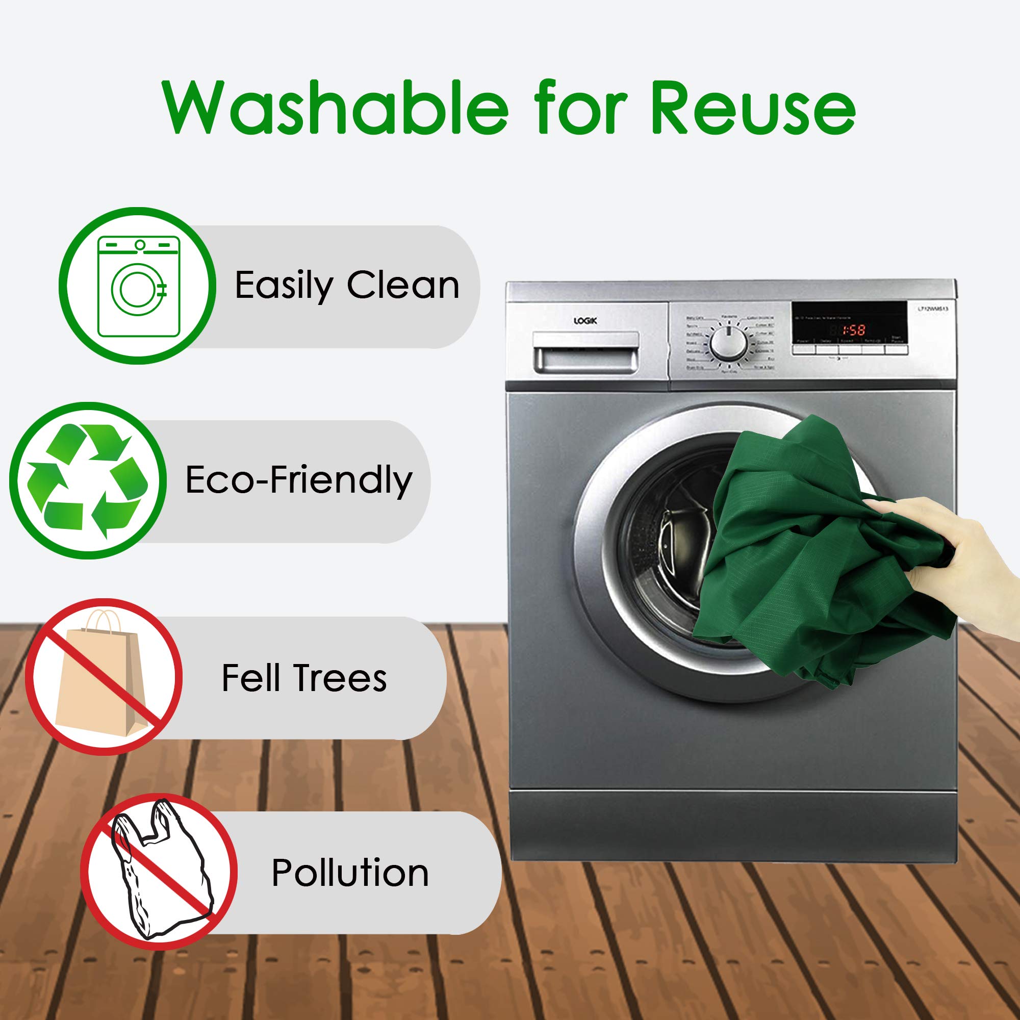 BeeGreen Christmas Green Reusable Grocery Bags Dark Green Reusable Kitchen Bags Bulk Foldable-Machine Washable with Zipper Stora