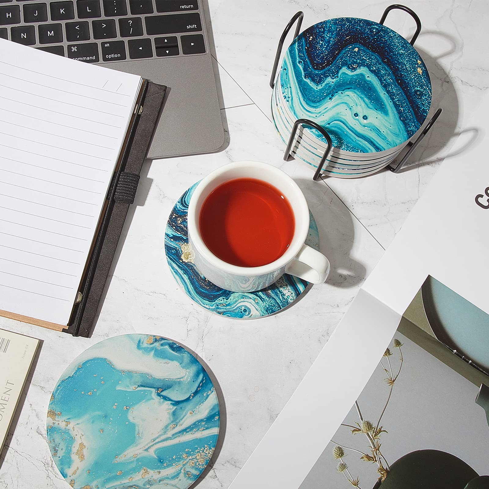 8 Pieces Coasters For Drinks With Holder, Marble Ocean Pattern Ceramic Absorbent Coasters With Cork Base Ocean Style Absorbent C