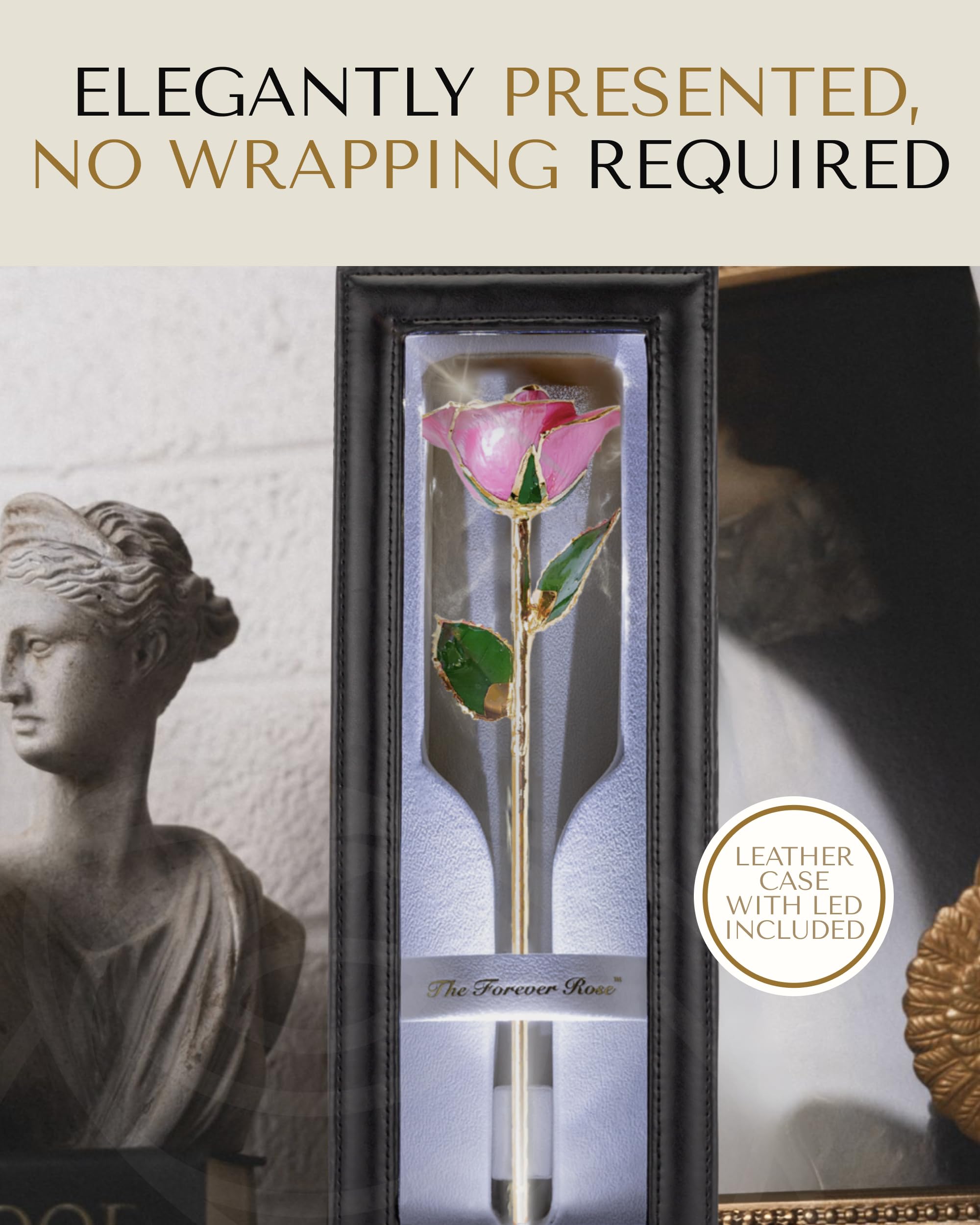 Forever Rose Leather Case Bundle  Genuine  One of a Kind  Real Gold Trimmed Bloomed Pink Rose with Beautiful Leather Case with LED Light