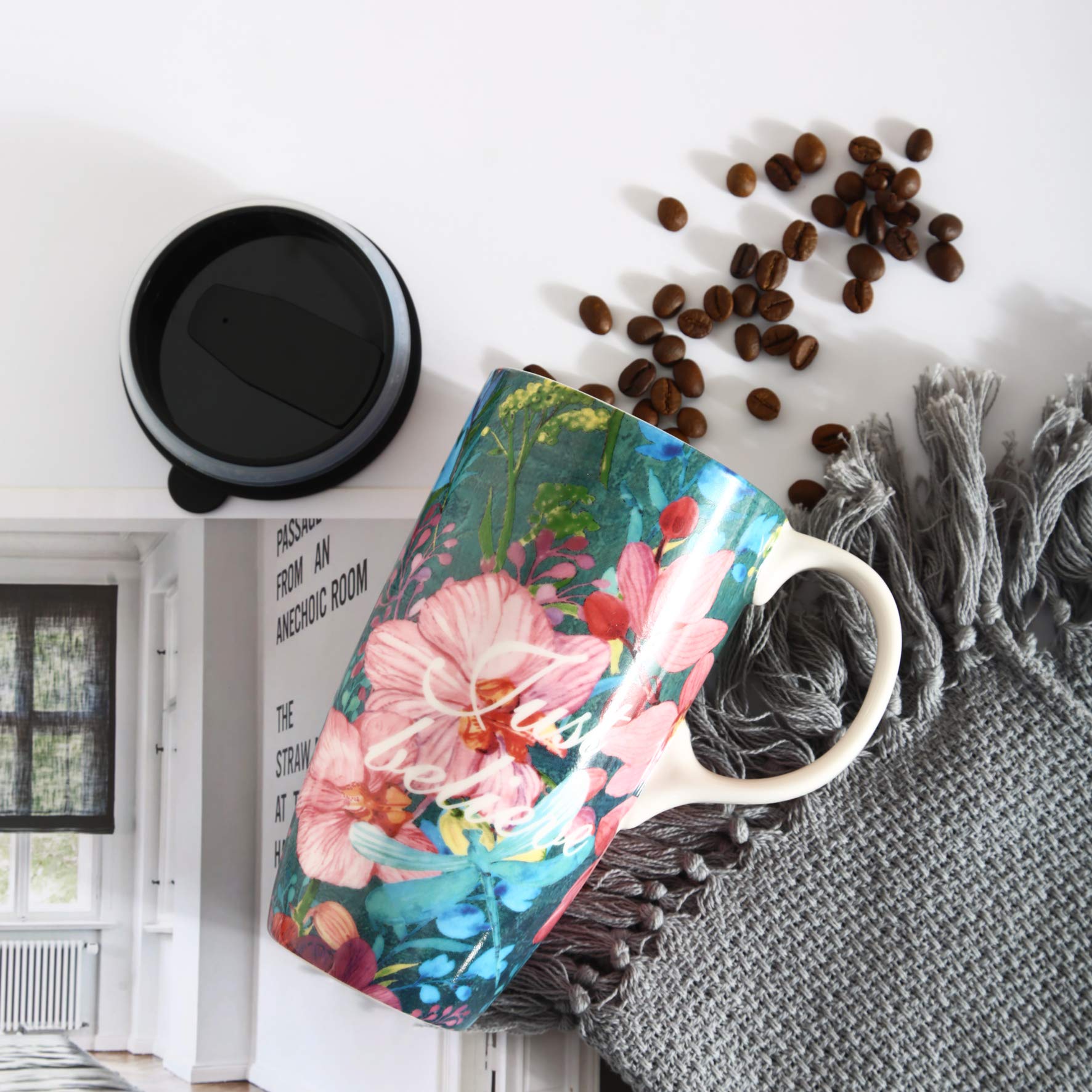 Topadorn Ceramic Coffee Cup Tall Ceramic Mug 17 oz. with Lid and Color Box. Just Believe